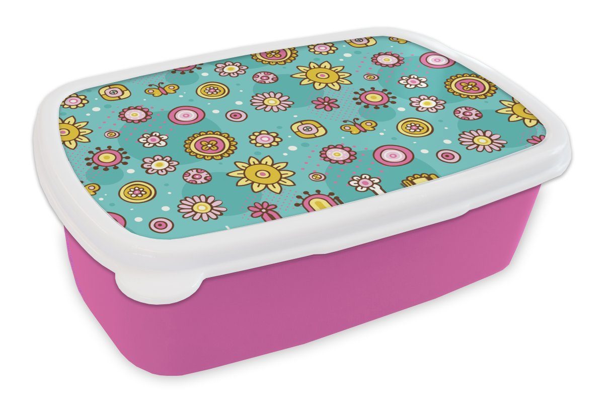 Blumen Kunststoff, MuchoWow (2-tlg), Erwachsene, - - Schmetterlinge Kinder, Brotbox Muster, Snackbox, Mädchen, rosa Kunststoff Brotdose für Lunchbox