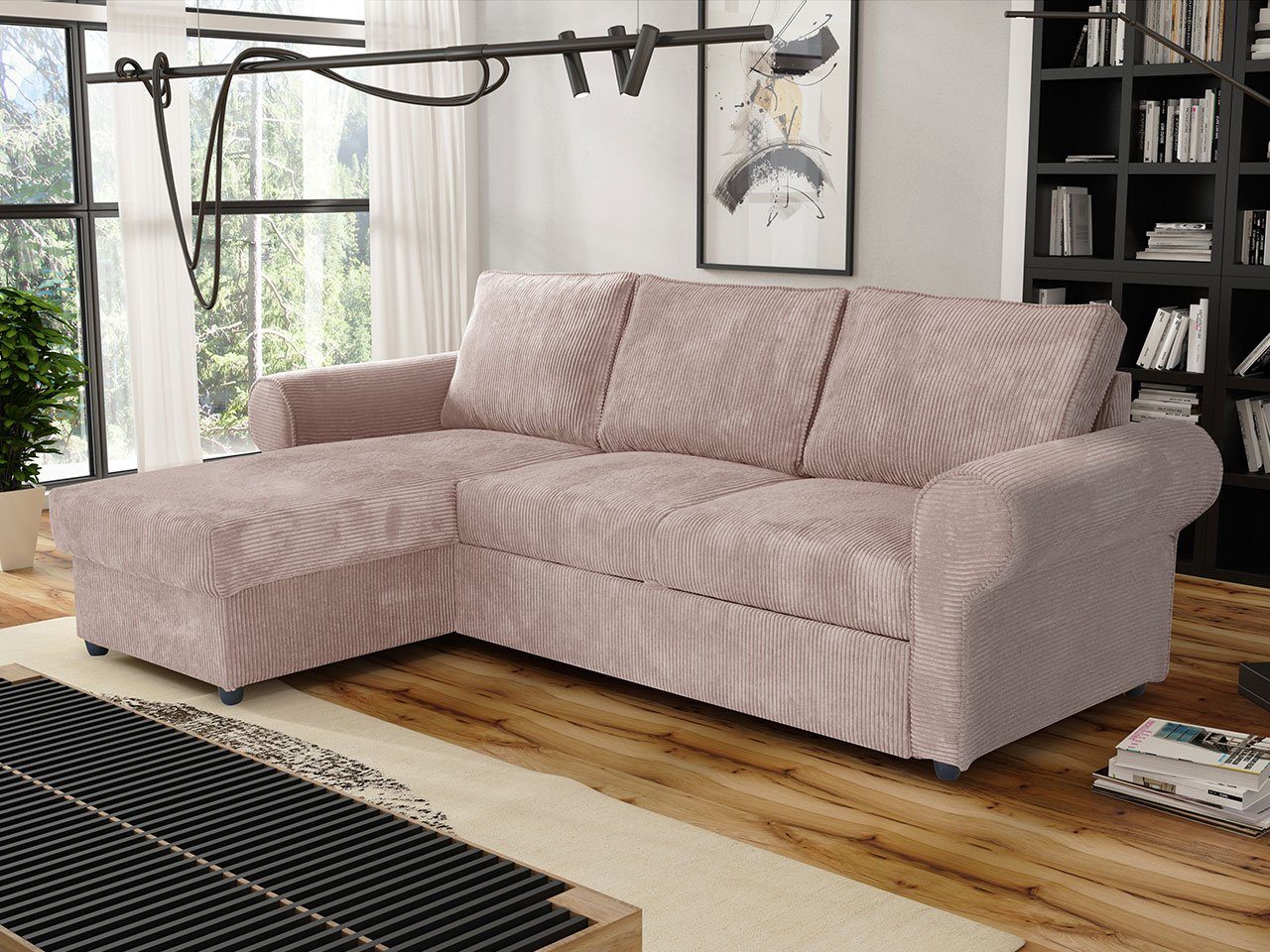 MIRJAN24 Ecksofa Monaco Cord, mit Schlaffunktion und Bettkasten, Rückenlehne in Form beweglicher Kissen, Freistehendes Sofa Poso 145