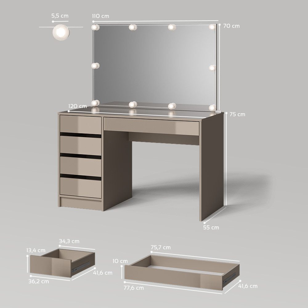 Livinity® Schminktisch Imola, Greige, 120 cm mit LED-Kette (3-St)