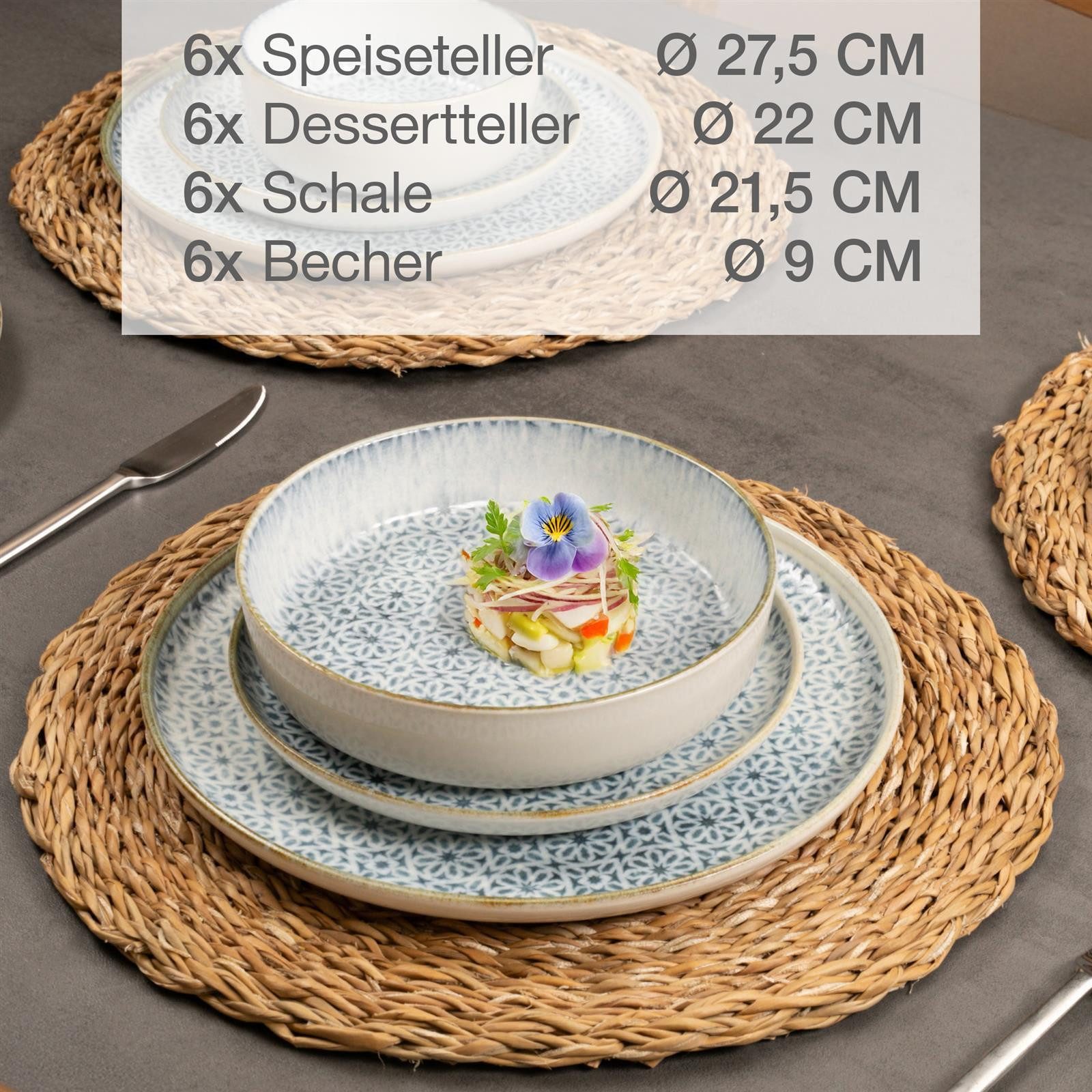 Moritz & Moritz Kombiservice ALHAMBRA Geschirrset mit Tassen Blau (24-tlg), 6 Personen, Porzellan, Spülmaschinengeeignet & Mikrowellensicher – Bild 3 von 5