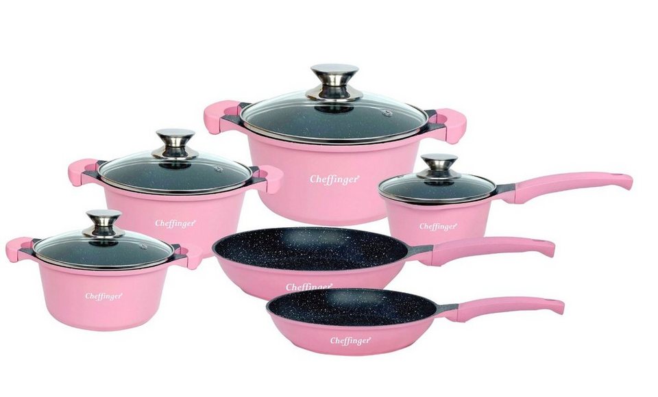 Cheffinger Topf-Set Kochtopf Kasserolle Bratpfannen Set 10-tlg pink  Glasdeckel Cheffinger, Material: Aluminium, Stahl, Glas