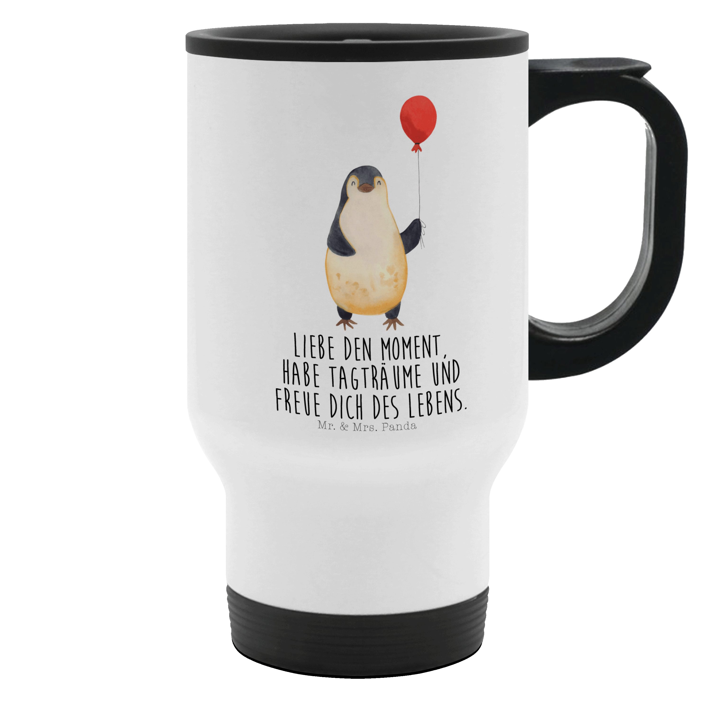 Mr. & Mrs. Panda Thermobecher Pinguin Luftballon - Weiß - Geschenk, Glück, Motivation, Warmhaltetas, Edelstahl