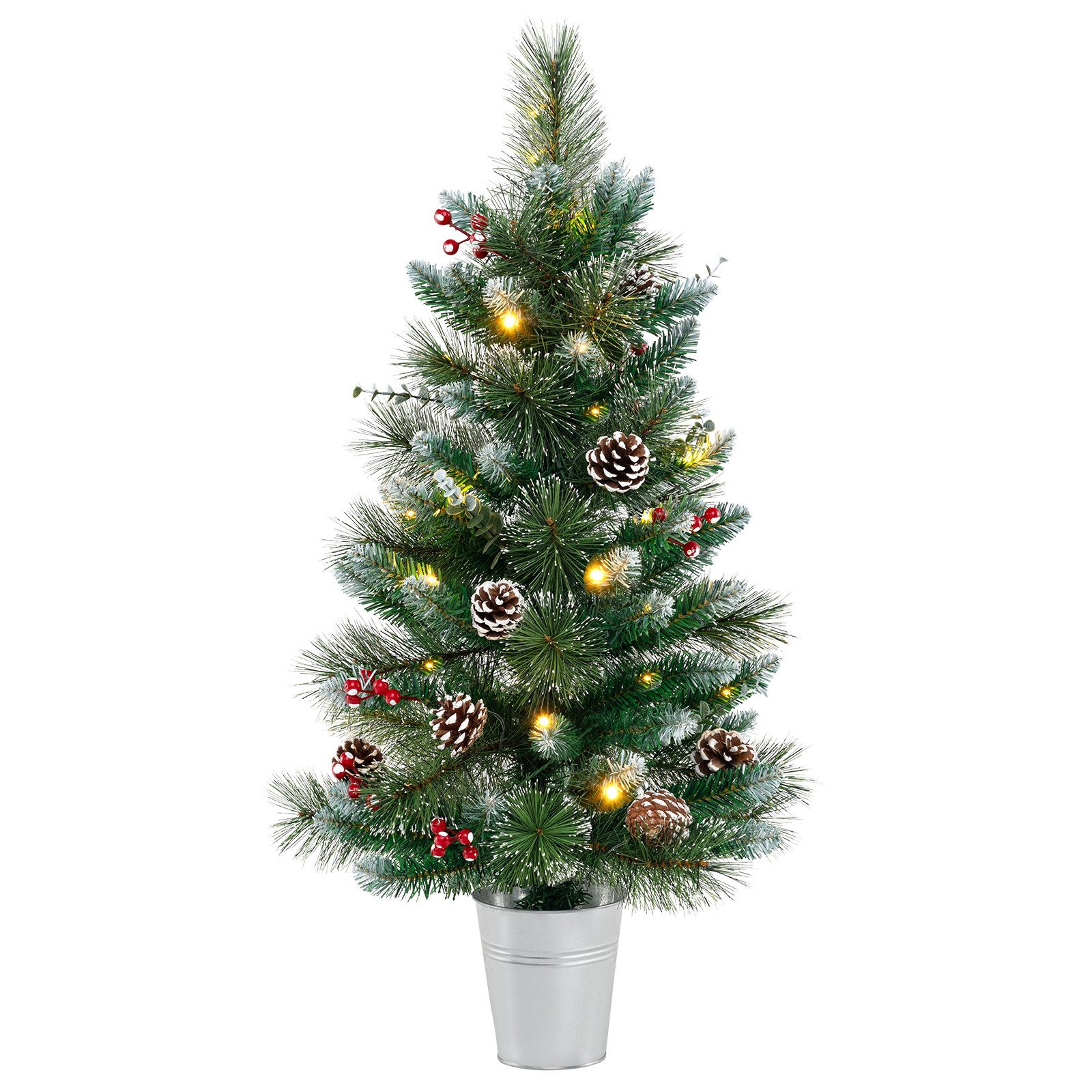 COSTWAY Künstlicher Weihnachtsbaum, 90cm im Topf, 20 LEDs, 8 Modi mit Beere