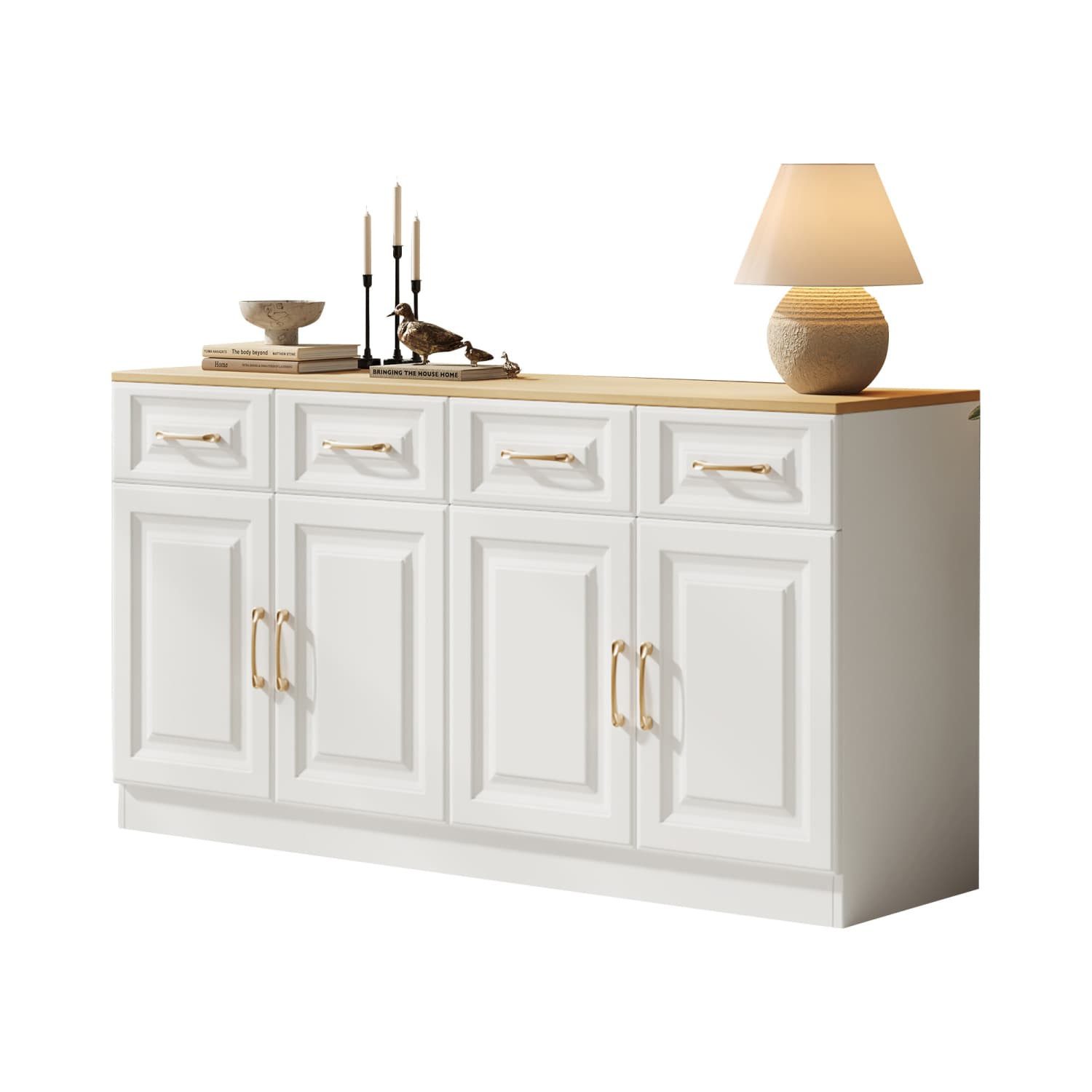 autolock Eckkommode Sideboard-Buffetschrank mit Stauraum,4 Schubladen und 4 Scheunentüren, 140cm langer Lagerschrank im modernen Bauernhausstil,für Küche