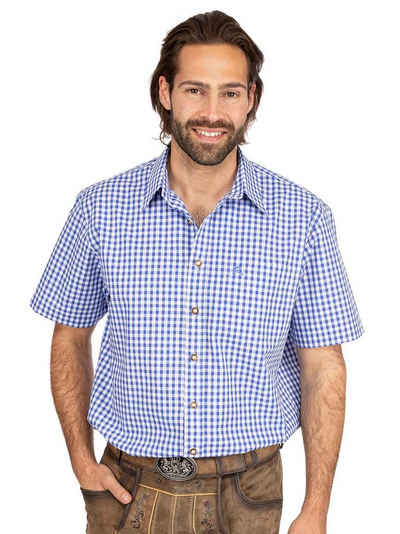 OS-Trachten Trachtenhemd Karo Kurzarmhemd ALZACH blau (Regular Fit)