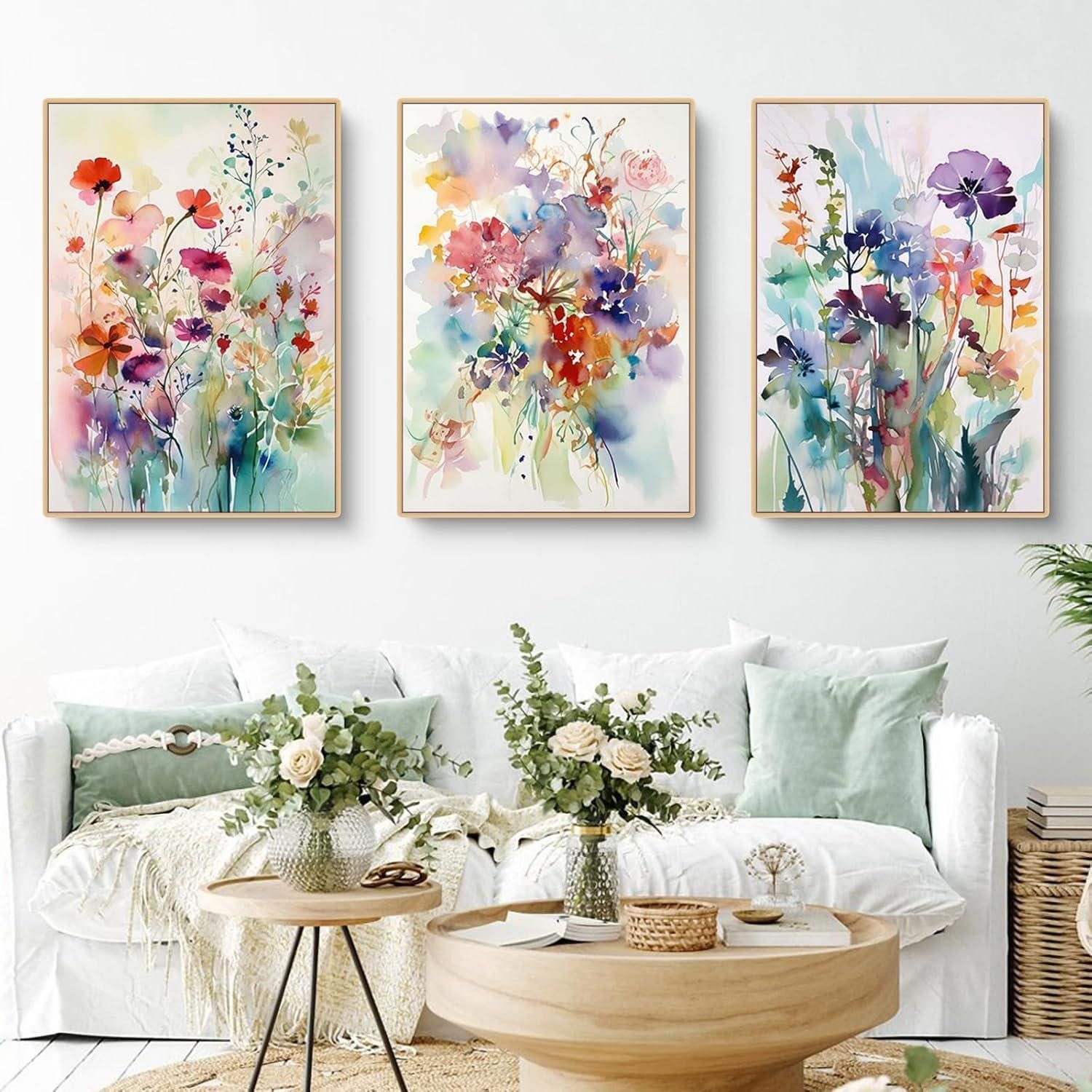 Herfair Leinwandbild Bilder Wohnzimmer 3er Set Bunt Blumen Aesthetic Leinwa günstig online kaufen