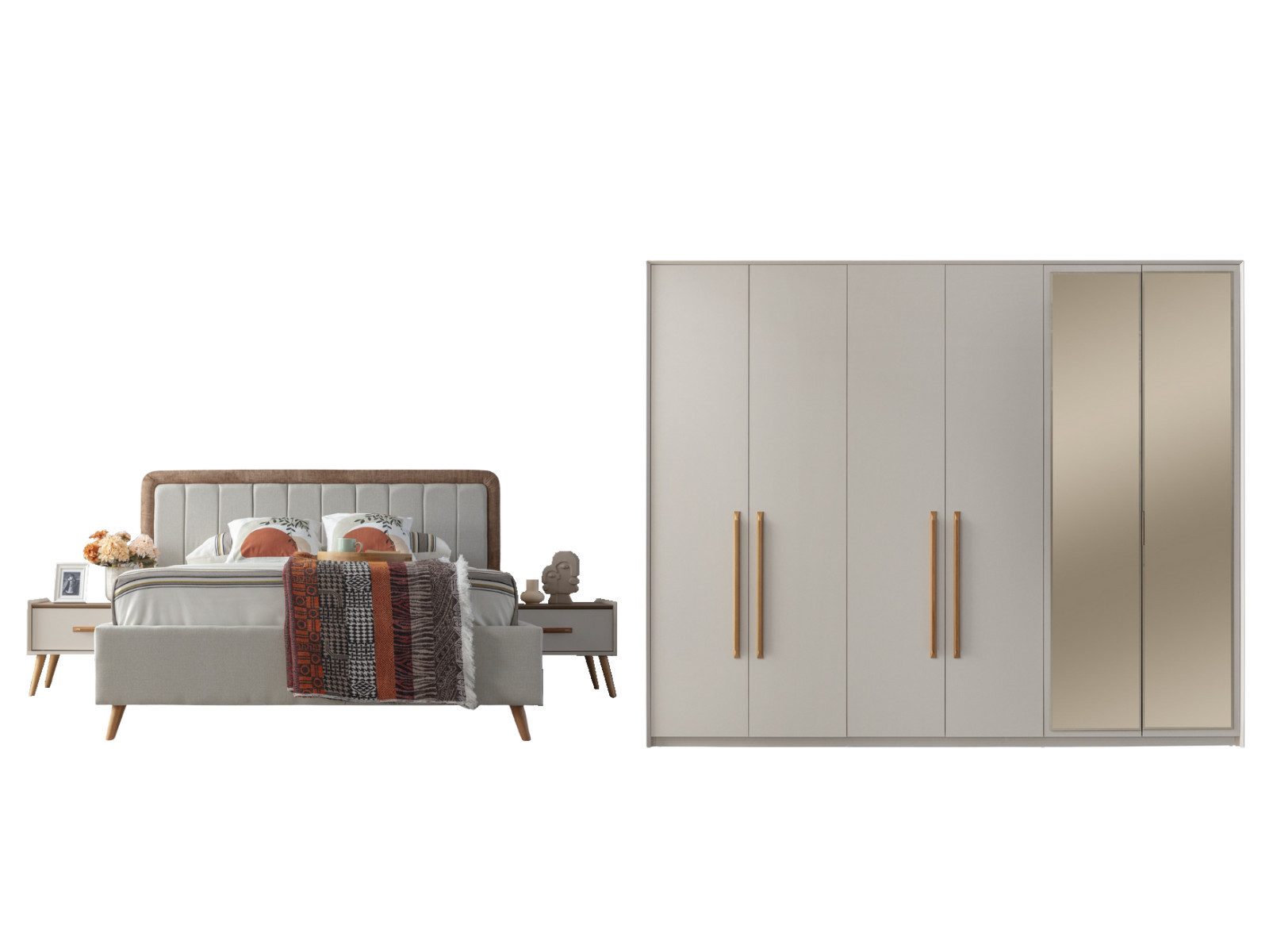 Villa Möbel Schlafzimmer-Set Giza, (Schlafzimmer-Set, 4-tlg., Bett mit Kopfteil, 2 Nachttische und Kleiderschrank), Bett mit Stoffbezug wohnlich ruhig pflegeleichtes Set