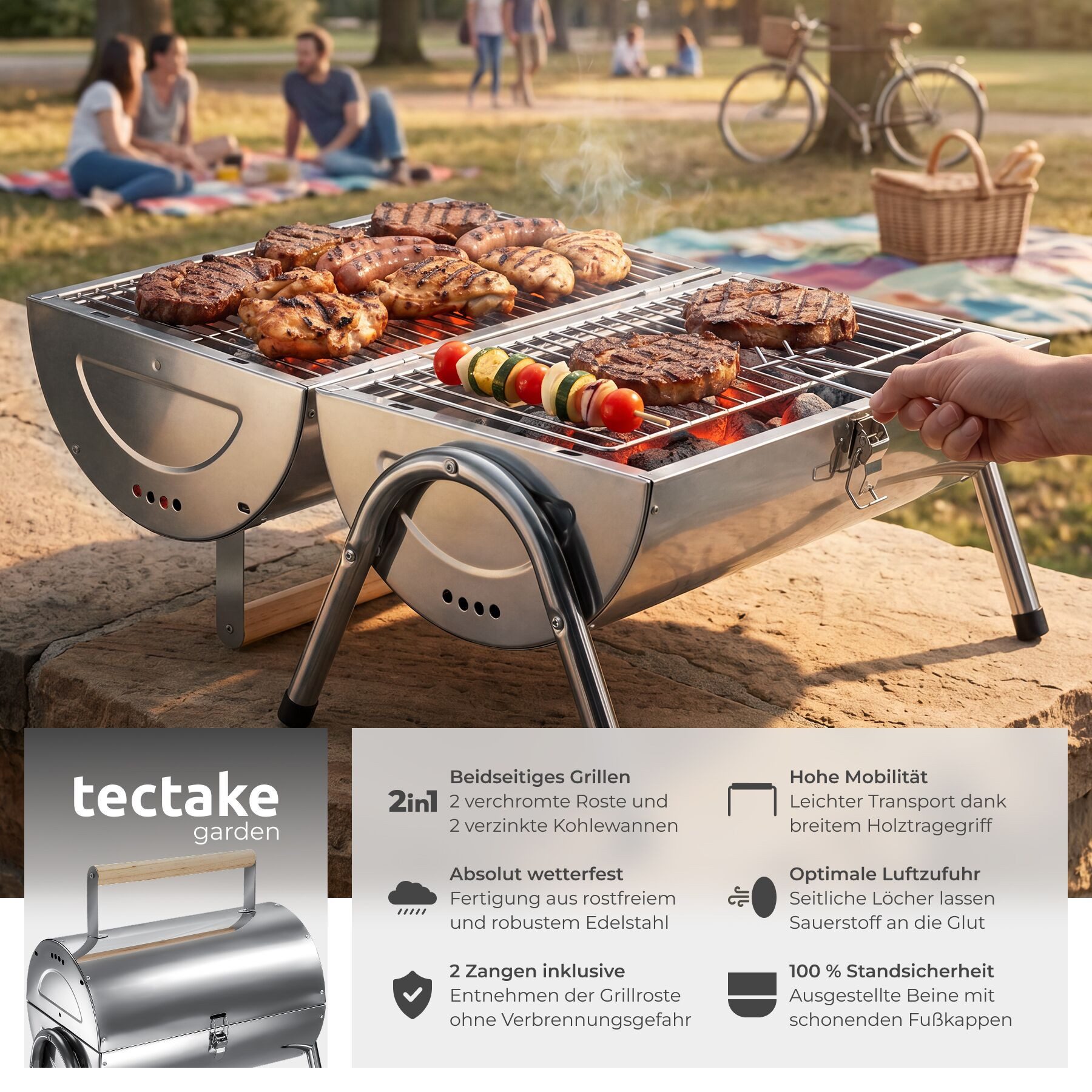 tectake Holzkohlegrill Wetterfester Grill aus Edelstahl mit Doppel-Grillfläche, Kohlewannen, Outdoorgrill, in Schwarz, Inkl. 2 Grillrostheber, schnelle Montage, geringes Gewicht