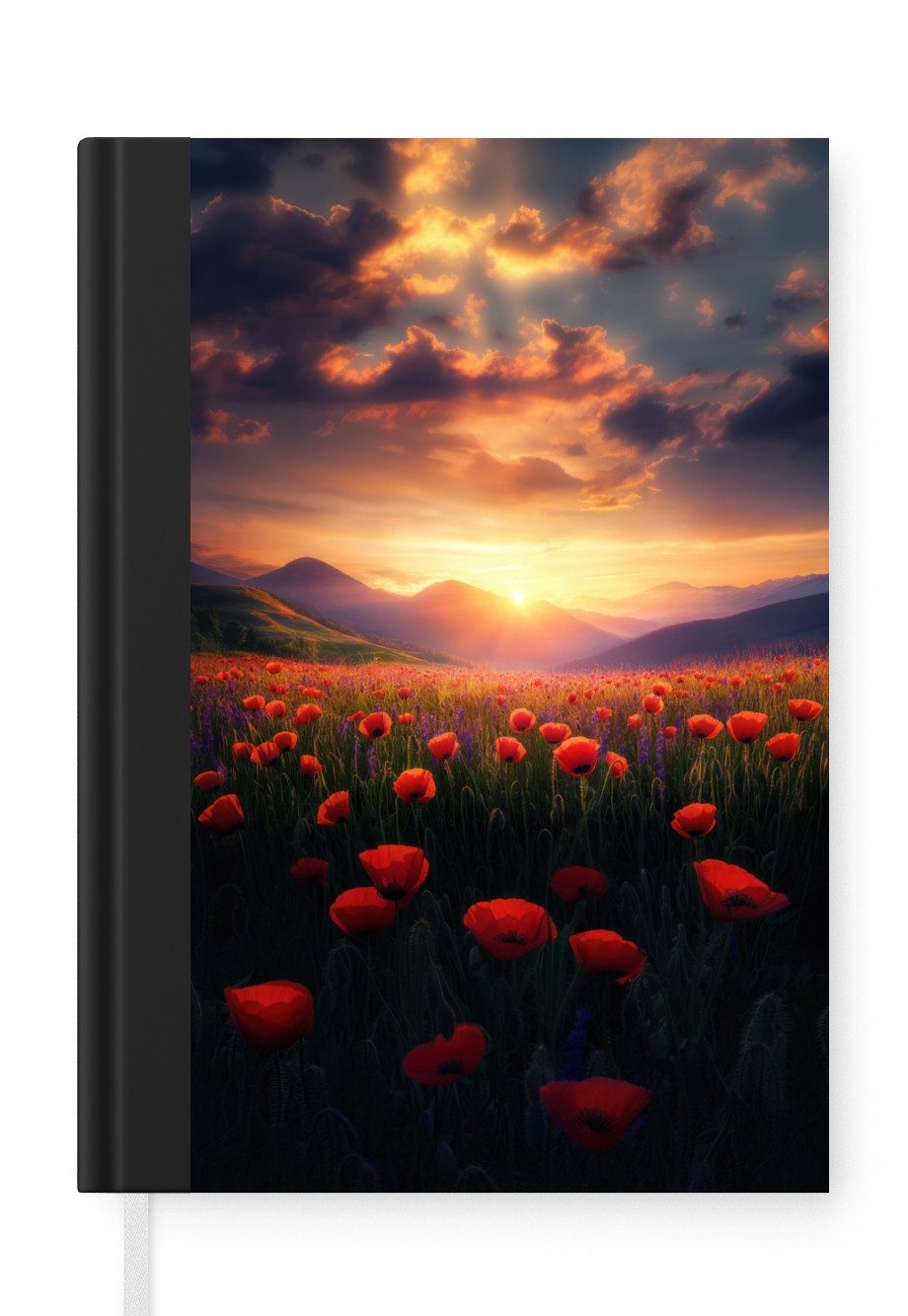MuchoWow Notizbuch Landschaft - Sonnenuntergang - Blumenfeld, Notebook, Notizblock a5, Tagebuch, Journal Liniert