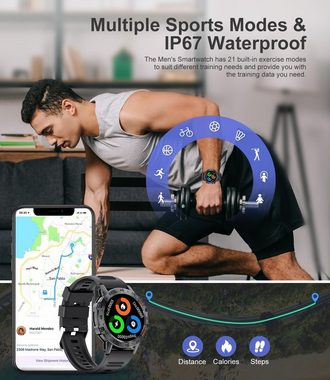 SUNKTA Fur Herren mit Telefonfunktion, 400Amh Fitness Tracker Armbanduhr Smartwatch (1.39 Zoll, Android / iOS), mit Sprachassistent, Blutdruckmessung, Herzfrequenz, Schrittzähler