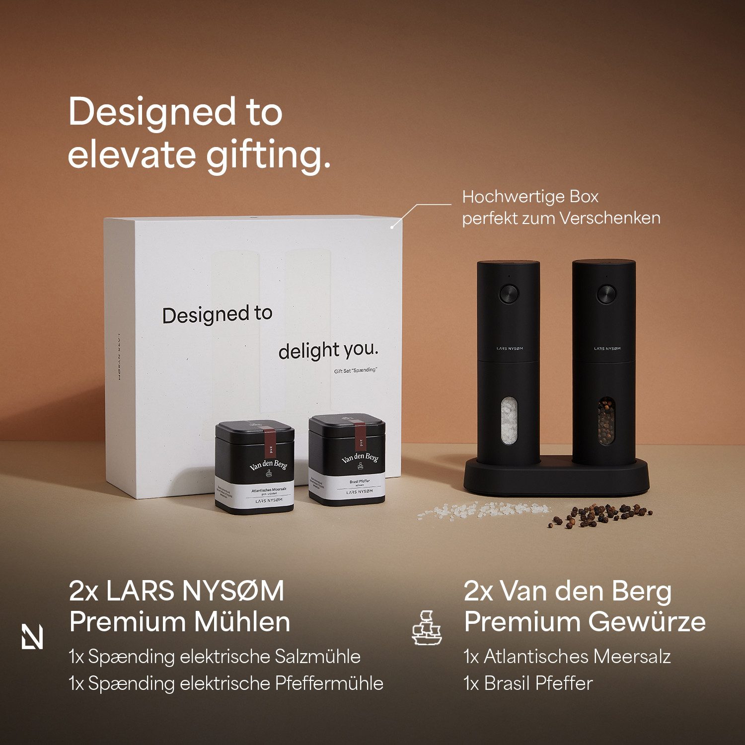 LARS NYSØM Gewürzmühle Spænding praktische Einhandbedienung per Drucktaste, (2 Stück), hochweritges Geschenkset mit elektrischen Gewürzmühlen – Bild 2 von 5