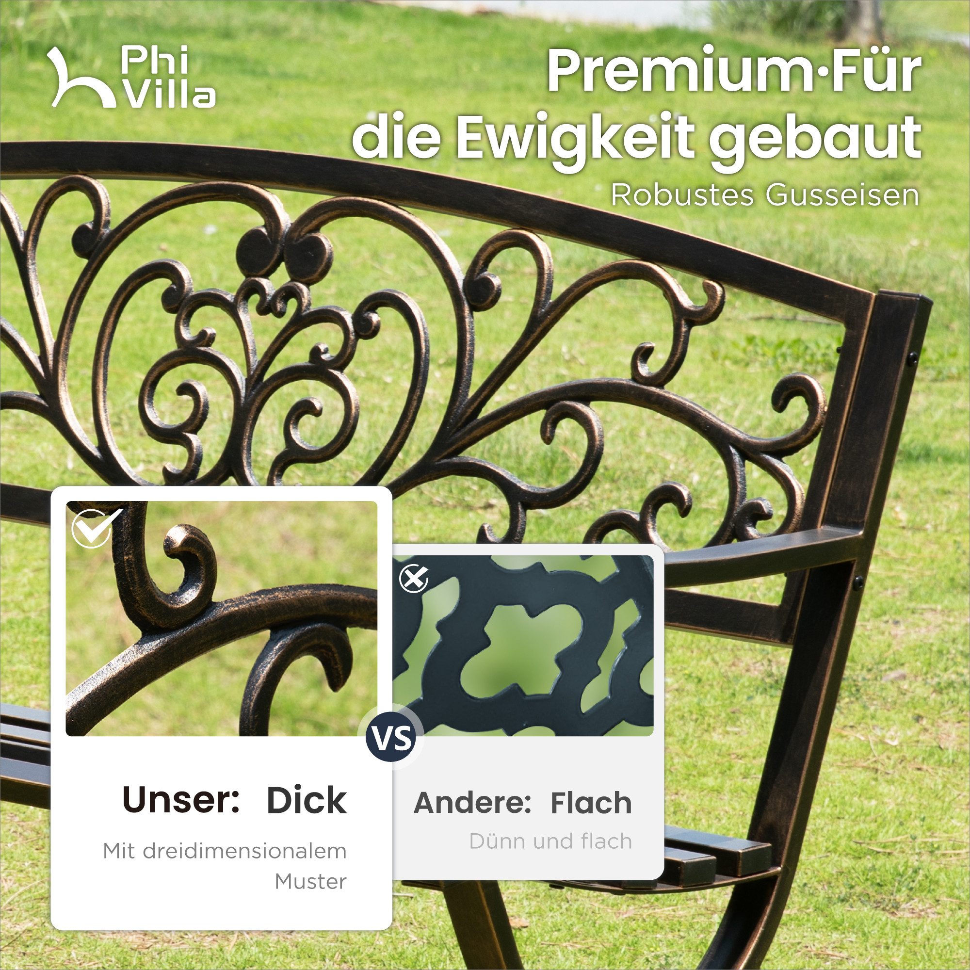 PHI VILLA Gartenbank (Gartenbank, Für den Außenbereich geeignete Bank für 2-3 Personen), Mit gusseiserner Rückenlehne und stabilem Stahlrahmen