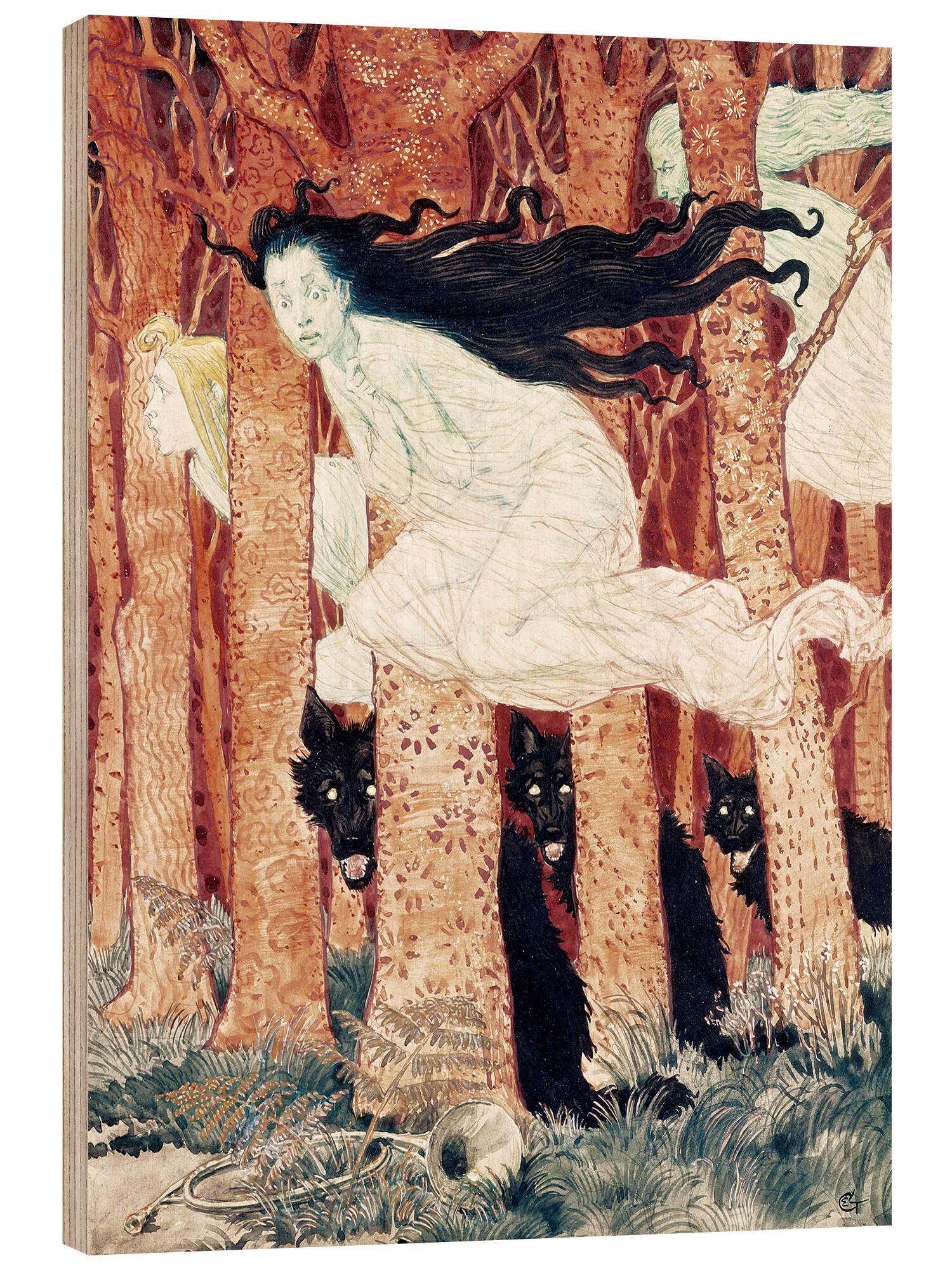 Posterlounge Holzbild Eugène Grasset, Drei Frauen und drei Wölfe, Malerei