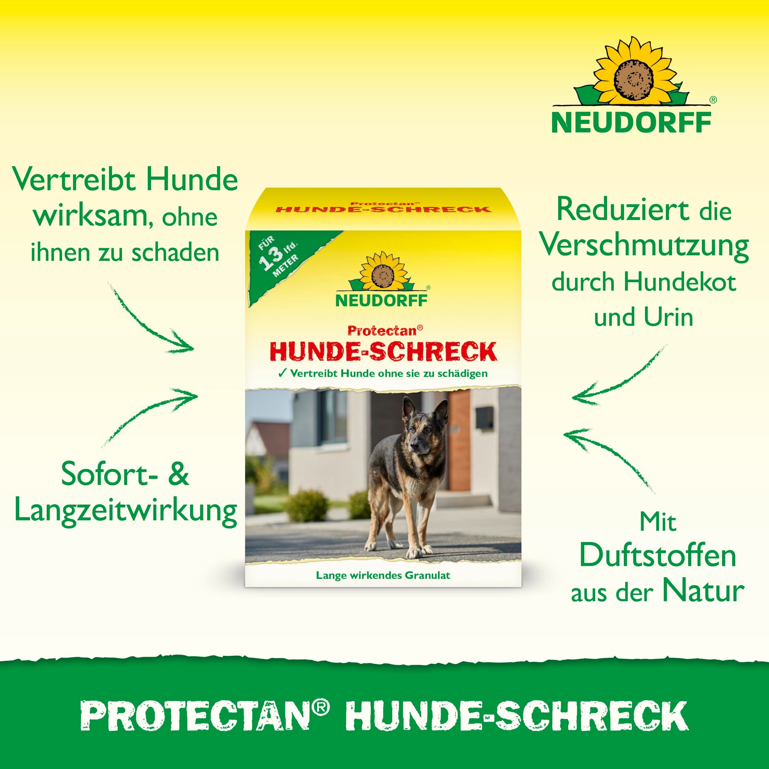 Neudorff Vergrämungsmittel Protectan Hunde-Schreck 200 g, Hundeabwehr vertreibt Hunde langanhaltend, ohne ihnen zu schaden und schützt so vor Verunreinigungen, Granulat deckt 13 laufende Meter ab, Granulat zur Hundefernhaltung mit Langzeitwirkung