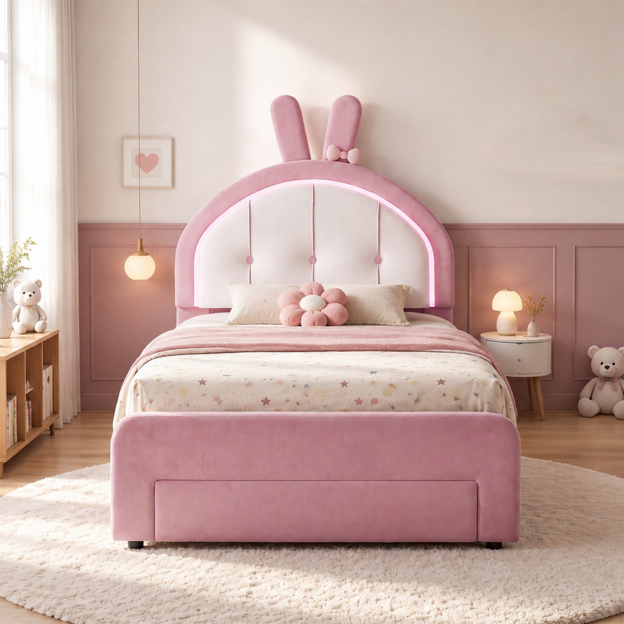 Simurq Prinzessinbett Polster Kinderbett 90x200 cm Samt Hasen‑Design mit LED‑Beleuchtung (höhenverstellbares Kopfteil, Bettenschublade mit Rollen), Einzelbett P – Bild 2 von 5