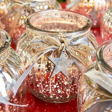 Macosa Home Windlicht Rot Silber Rosé Glas rund Teelichthalter Kerzenhalter Weihnachten, Tischdeko Advent mit Holzstern
