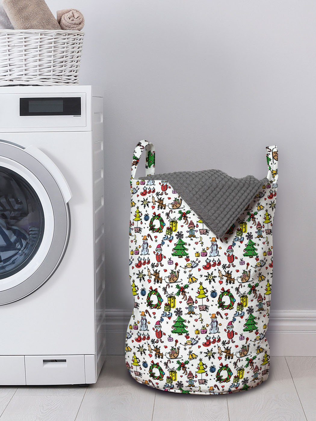 Kordelzugverschluss Gekritzel für Waschsalons, Wäschesäckchen Abakuhaus Griffen Weihnachten mit Cartoon Wäschekorb