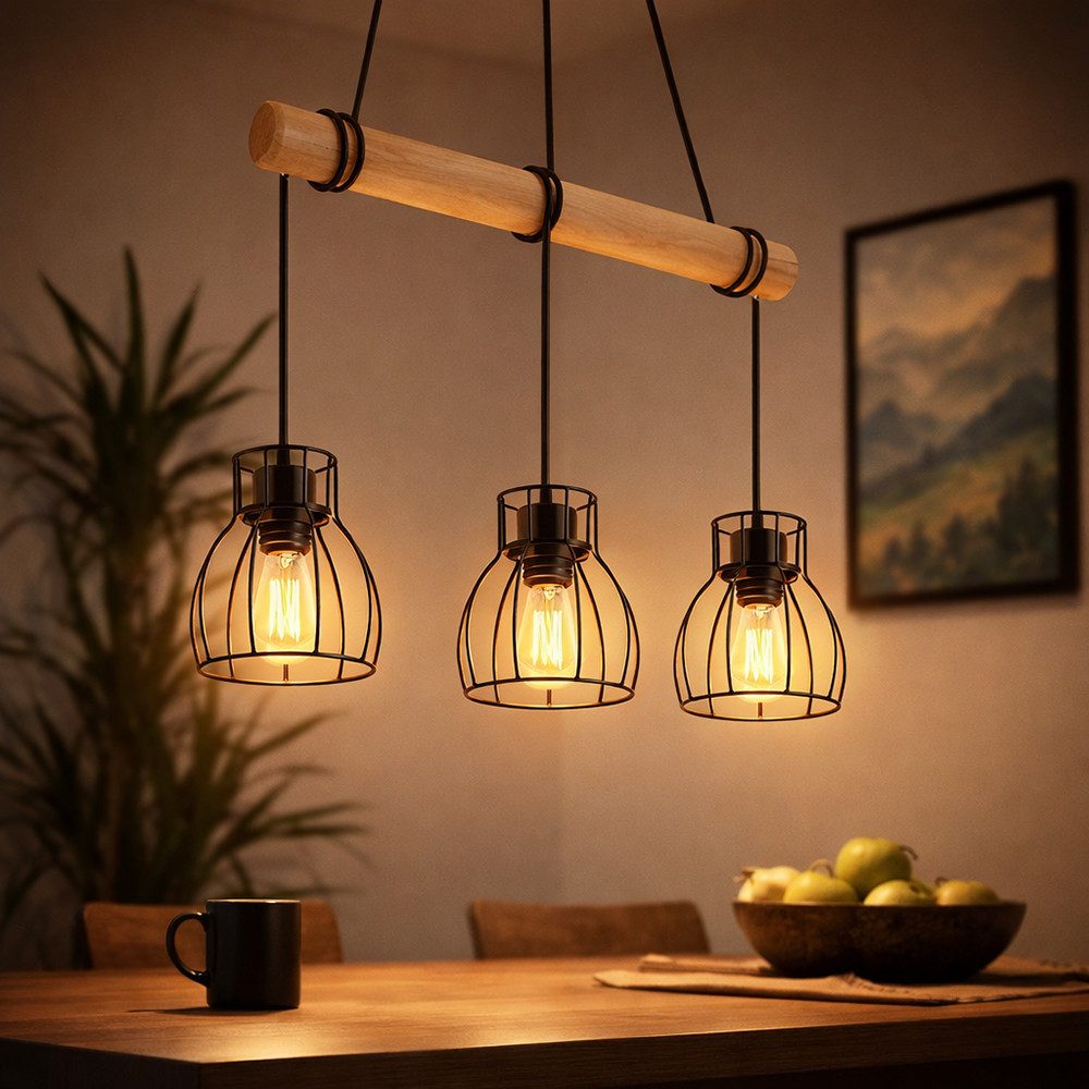GLOBO LIGHTING LED-Hängeleuchte, Leuchtmittel inklusive, Warmweiß, Vintage LED Pendelleuchte Hängelampe Holz Esstischlampe Gitter schwarz