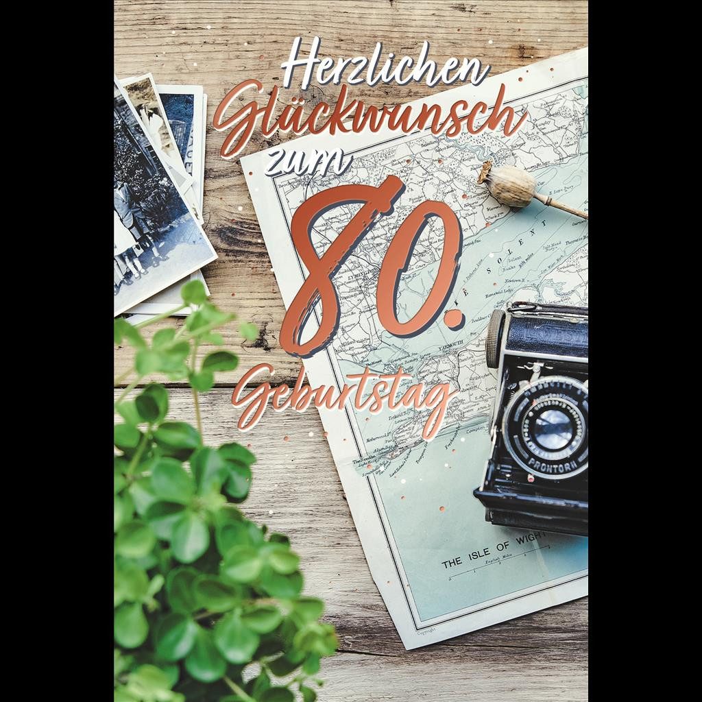 Grußkarten 80. Geburtstag - Karte mit Umschlag - Landkarte - mit rosegoldener