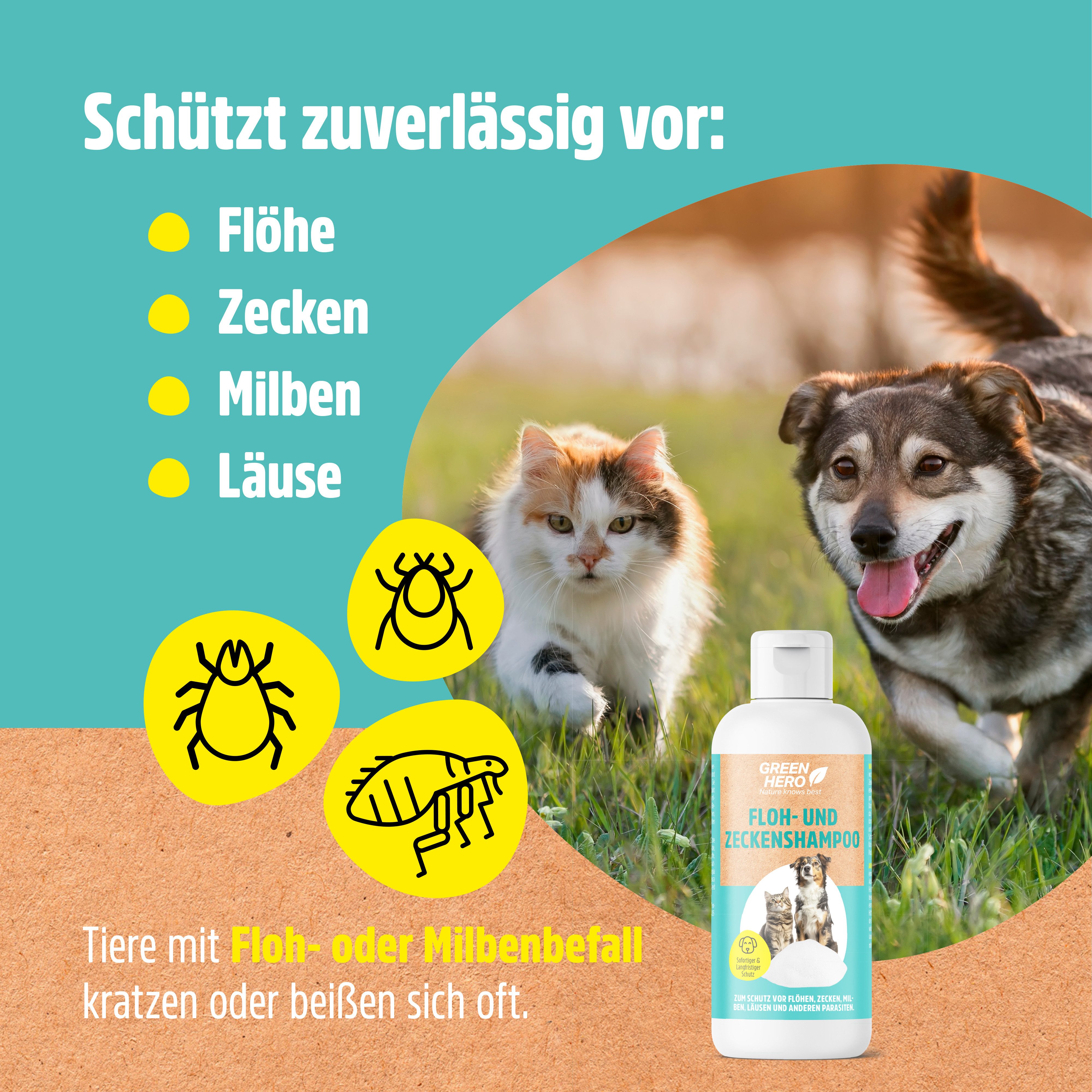 GreenHero Tiershampoo Floh- und Zeckenshampoo für Hund & Katze, 250 ml