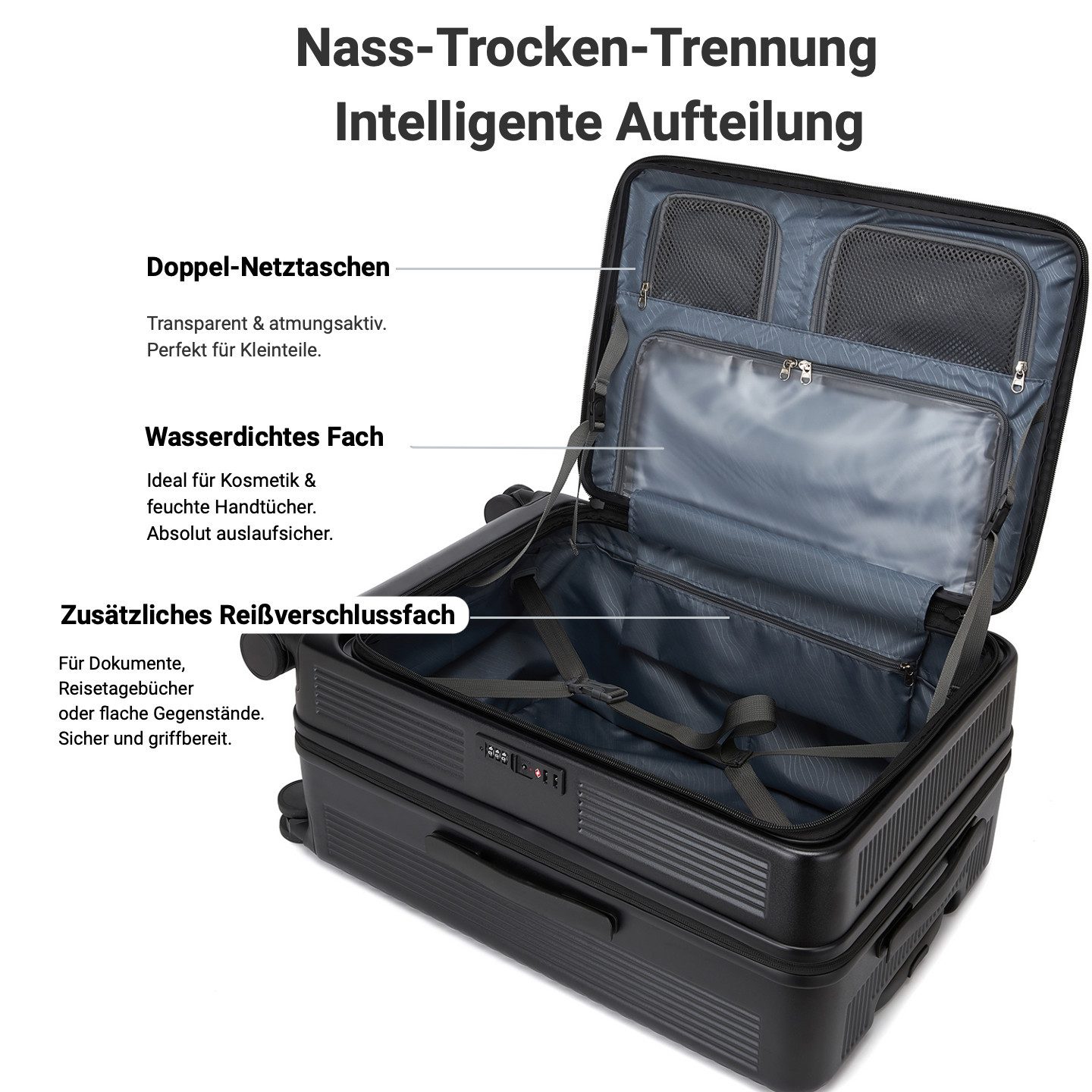 Super Solu Hartschalen-Trolley Erweiterbarer Reisekoffer mit Frontöffnung, Hartschalenkoffer 100% PC, 4 Rollen, 360° Doppelrollen, 24Zoll/66cm, Stoßfester Koffer mit TSA, Schwarz