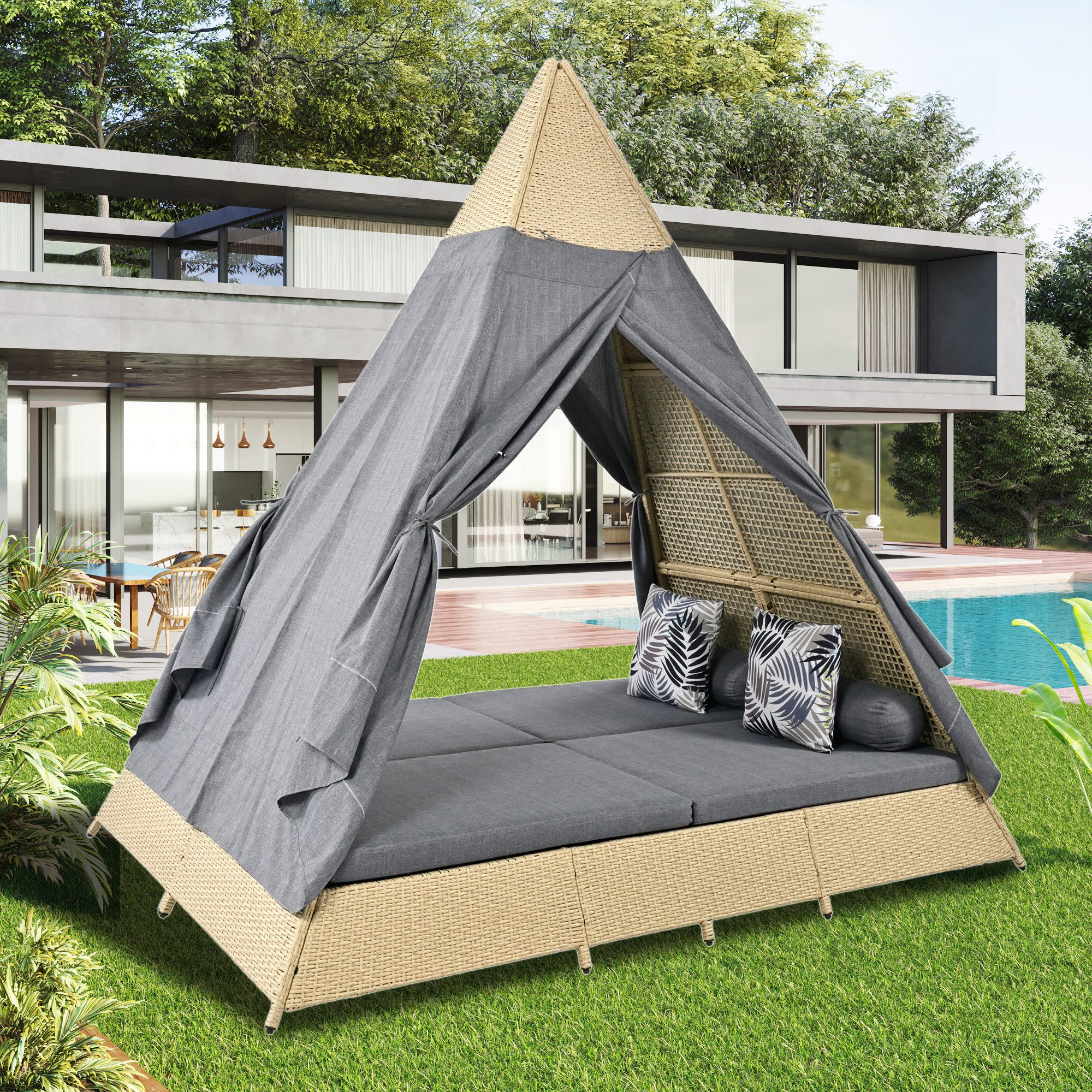 Merax Gartenliege mit Rattanzelt und Stahlrahmen, günstig online kaufen