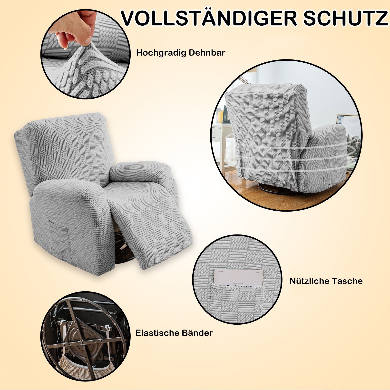 Sesselhusse Jacquard Liegestuhlbezug Stretch Stuhlbezug Hellgrau Relaxsesselhusse, Qelus