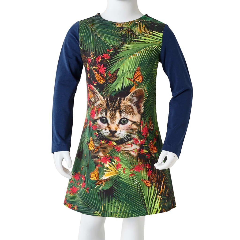 140 A-Linien-Kleid Katzen-Aufdruck Marineblau Ärmeln Langen Kinderkleid vidaXL mit