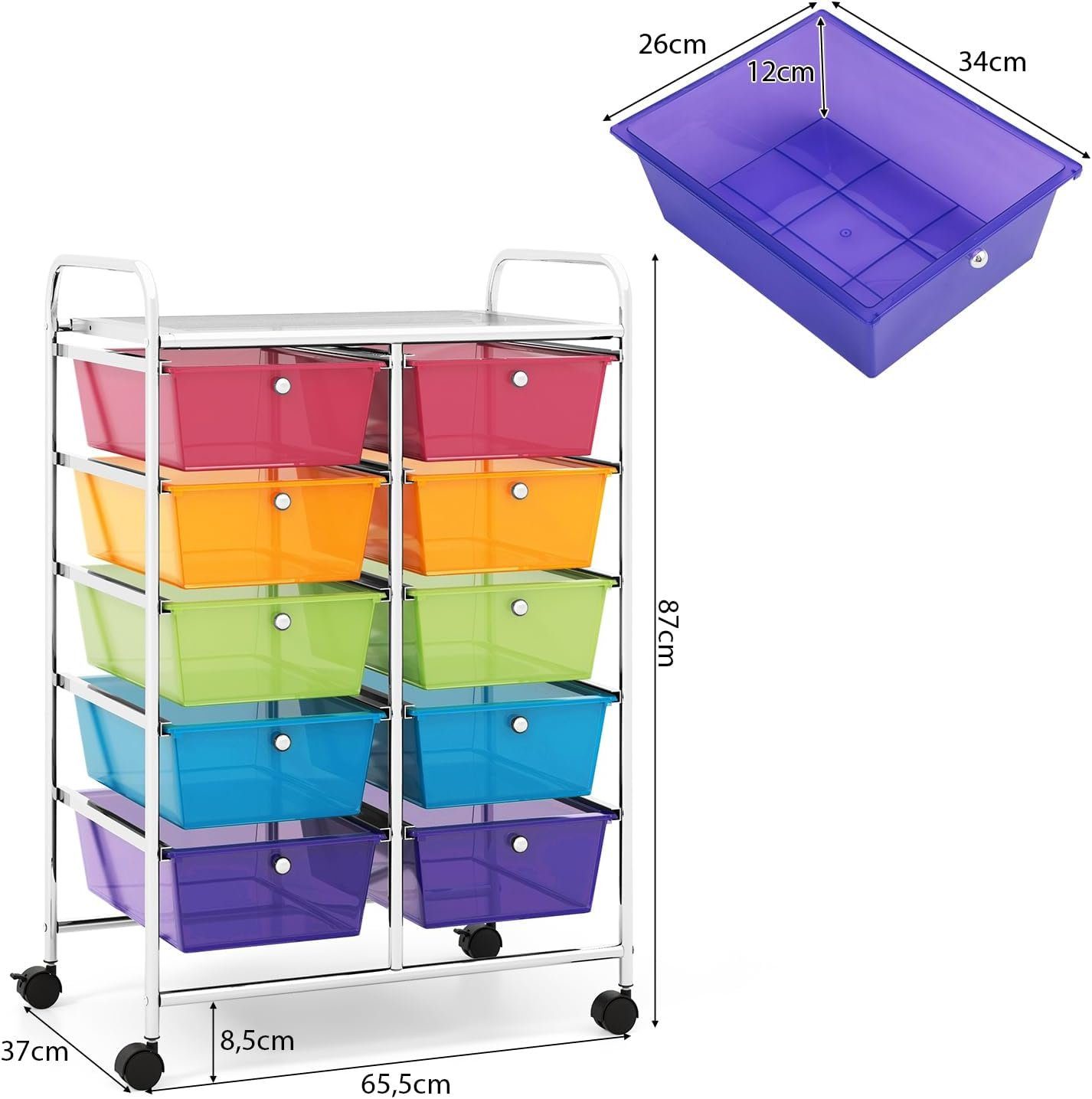 KOMFOTTEU Schuhregal Rollcontainer, mit 10 Schubladen stapelbar, 65,5 x 37 x 87 cm
