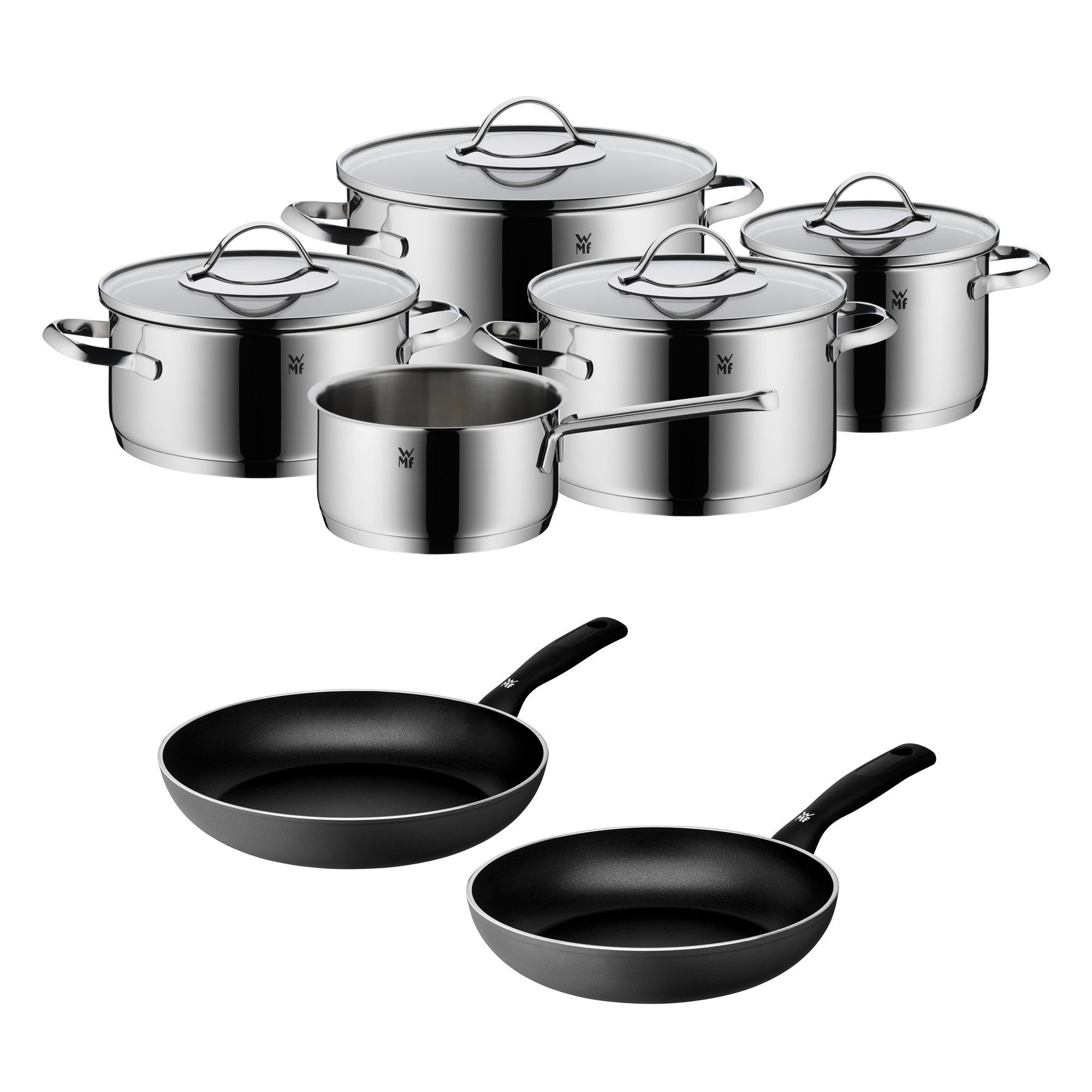 WMF Topf-Set Aparto, Cromargan Edelstahl 18/10 (1x Bratentopf mit Deckel 20 cm, 3x Fleischtopf mit Deckel 16 cm, 20 cm, 24 cm, 1x Stielkasserolle ohne Deckel 16 cm), & Permadur Inspire Bratpfannen Induktion 24cm + 28cm