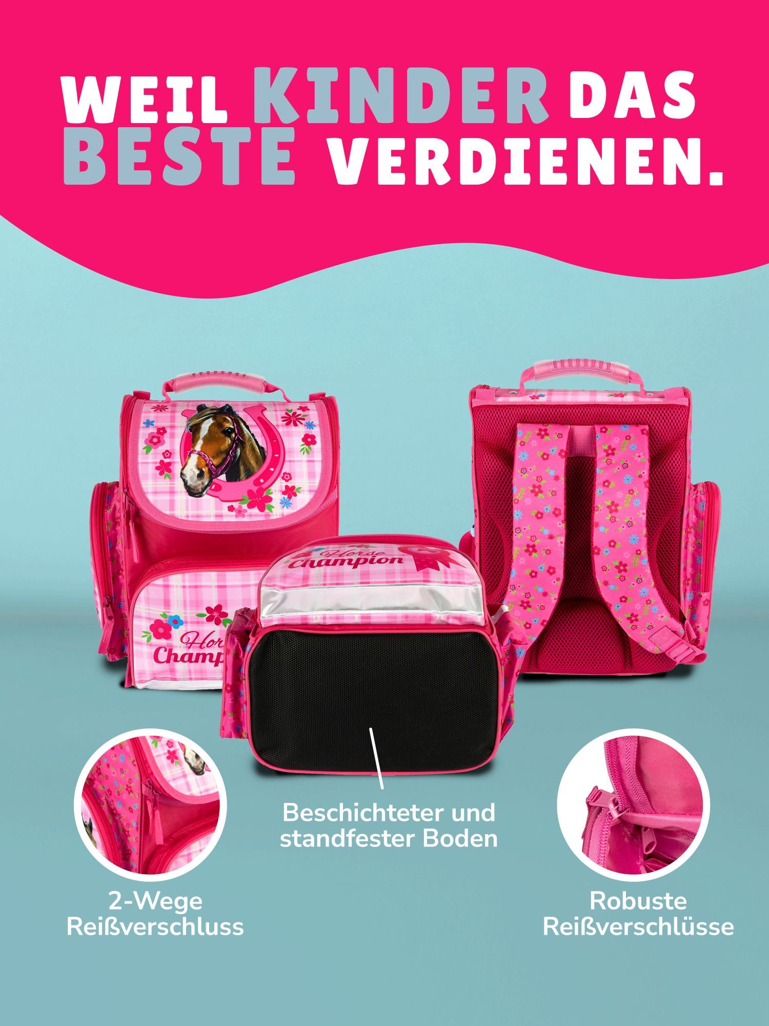 Familando Schulranzen Clou Pferde Champion Schultasche, rosa, ab 1. Klasse (Komplett-Set, 10-tlg., mit Lunch-Set, Sporttasche und Schultüte 85cm), kompakt, mit  – Bild 4 von 5