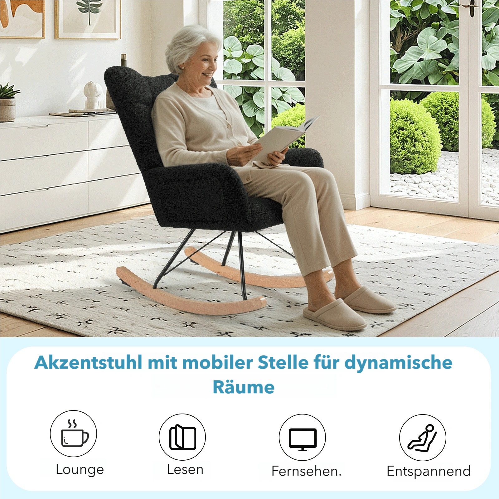 TLGREEN Schaukelstuhl wohnzimmer,Schaukelsessel mit Armlehne, (Teddystoff Gepolsterter, Holzkufen und Metallbeinen), für Wohnzimmer, Kinderzimmer, Schlafzimmer, Bis 136 kg Belastbar
