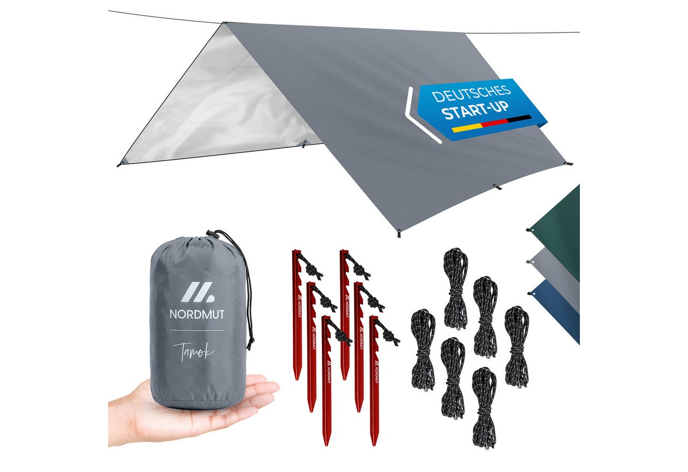 Nordmut Tarp-Zelt Zeltplane wasserdicht ultraleicht, Regendach Sonnensegel Camping, Personen: 2 (Set, 1 tlg., Tarp, 6 Alu-Heringe, 6 Abspannseile, Transporttasche), 210D Ripstop-Polyester, PU 3000, reißfest, Trekking, Bikepacking
