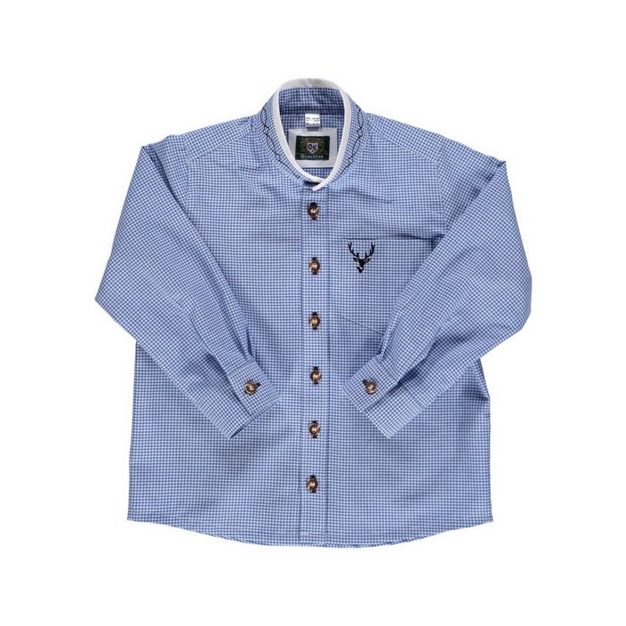 Pezzo D'oro Trachtenhemd Buben Trachtenhemd "für den Lausbub" blaues Karo trendiger Stehkragen bestickt mit weißem Doppeleffekt am Kragen