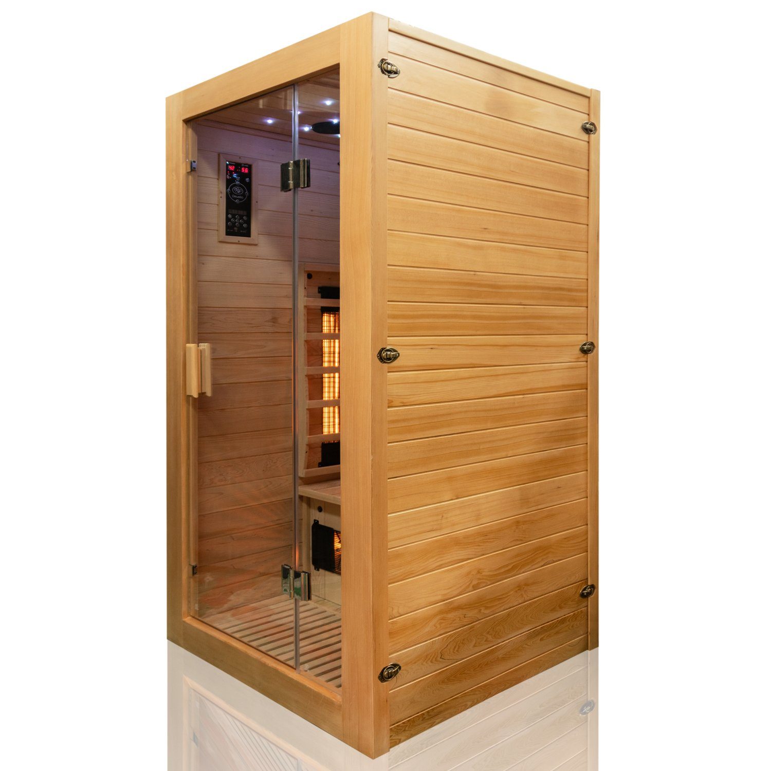 Dewello Eckdusche MILTON 90 Wärmekabine, bis zu 1 Personen, 4 Vollspektrumstrahler, Natursteinwand, inkl. Ionisator mit Ozondesinfektion, Multimedia HiFi – Bild 3 von 5