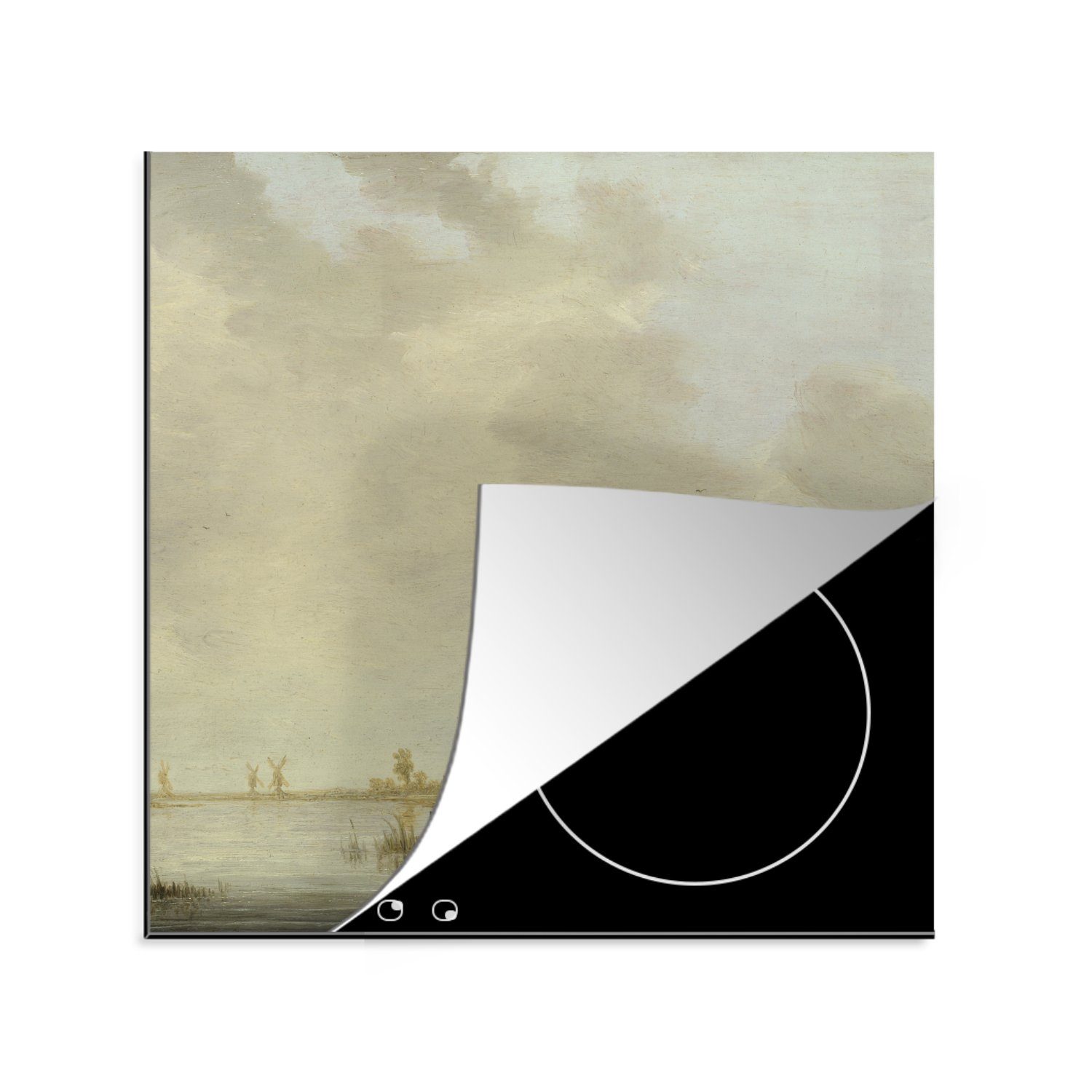 MuchoWow Herdblende-/Abdeckplatte Flusslandschaft mit entfernten Windmühlen - Aelbert Cuyp, Vinyl, (1 tlg), 78x78 cm, Ceranfeldabdeckung, Arbeitsplatte für küche