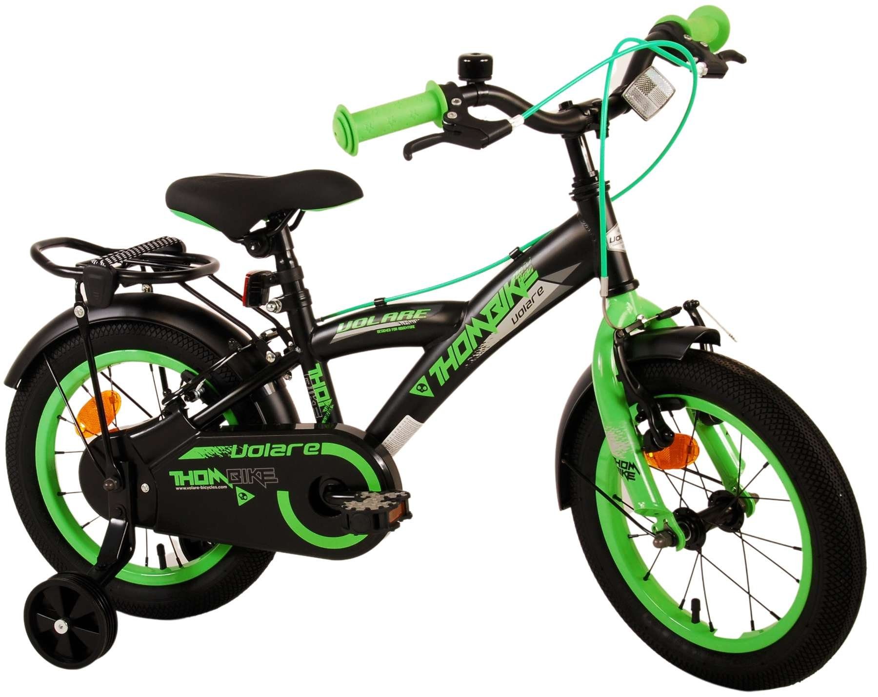 Volare Kinderfahrrad Thombike - 12 oder 14 Zoll - Zweihandbremsen - bis 60 kg, 85% zusammengebaut, 3 - 5 Jahre, Lenkerhöhe einstellbar schwarz-grün