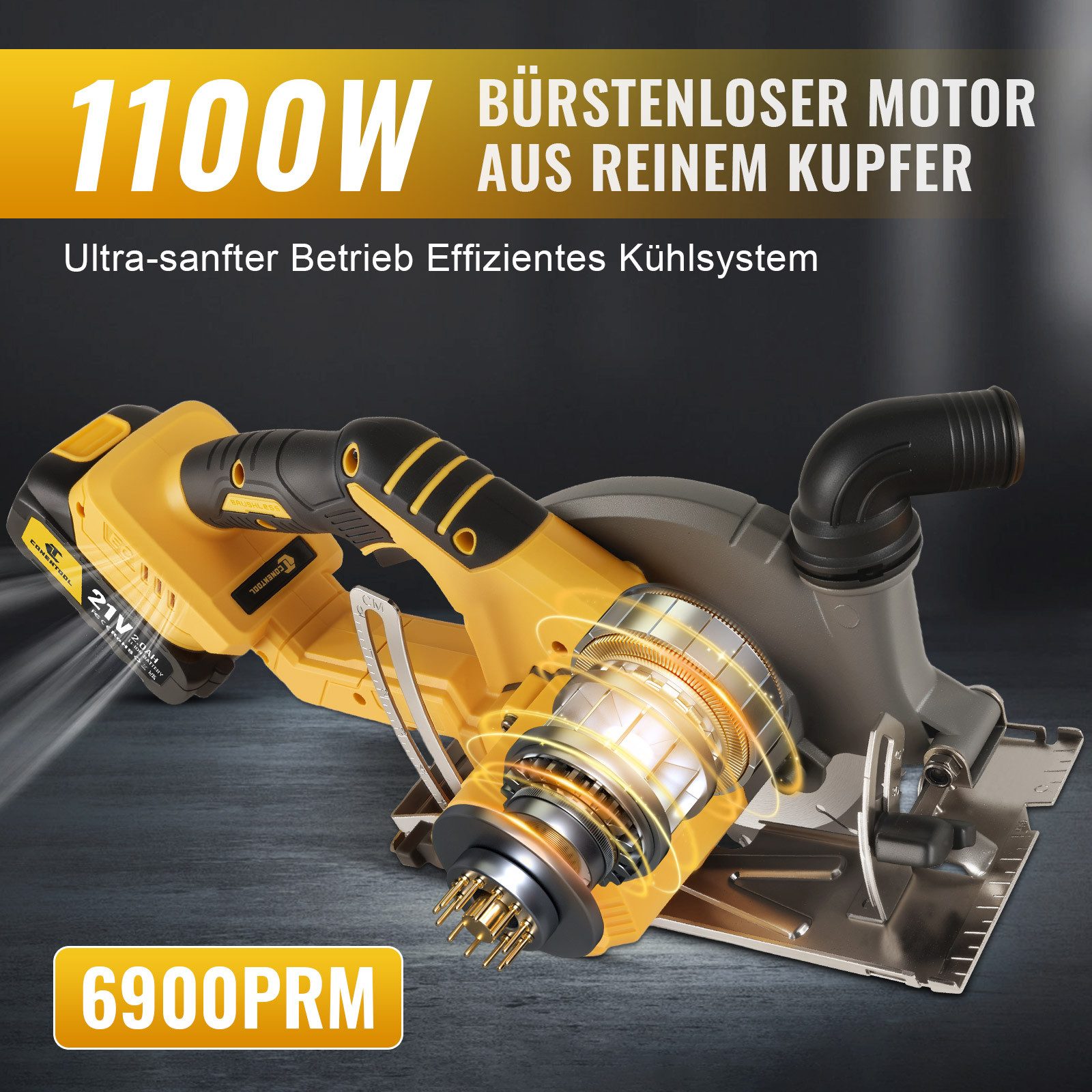 CONENTOOL Akku-Handkreissäge Bürstenlose Akku-Kreissäge 21V, Set, 2x Akku(2.0Ah)und Ladegerät