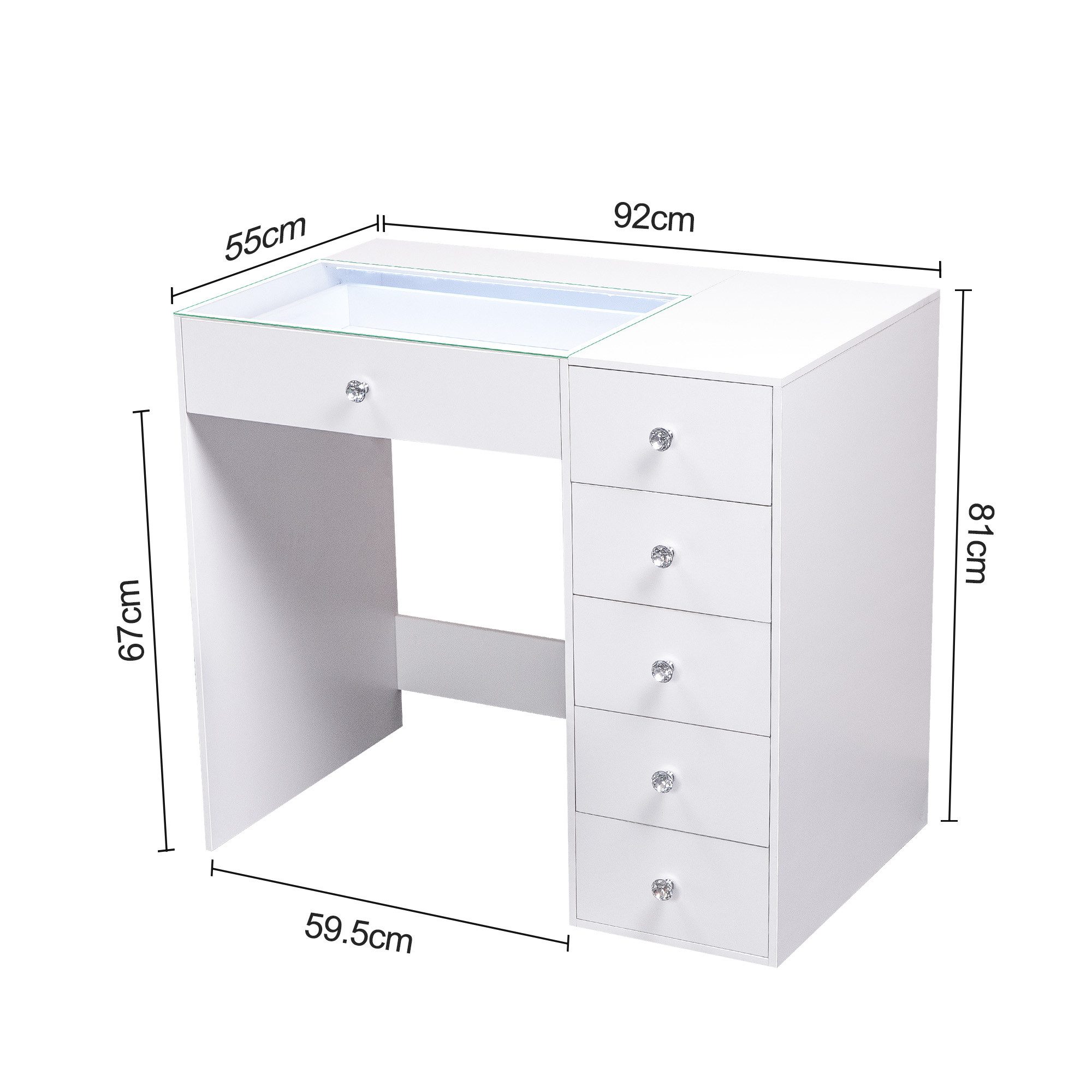 FENCHILIN Schminktisch mit Beleuchtung 6 Schubladen weiß 92x55x81cm (1-St), Kosmetiktisch mit Glasabdeckung und Kristallgriffen für Schlafzimmer – Bild 2 von 5