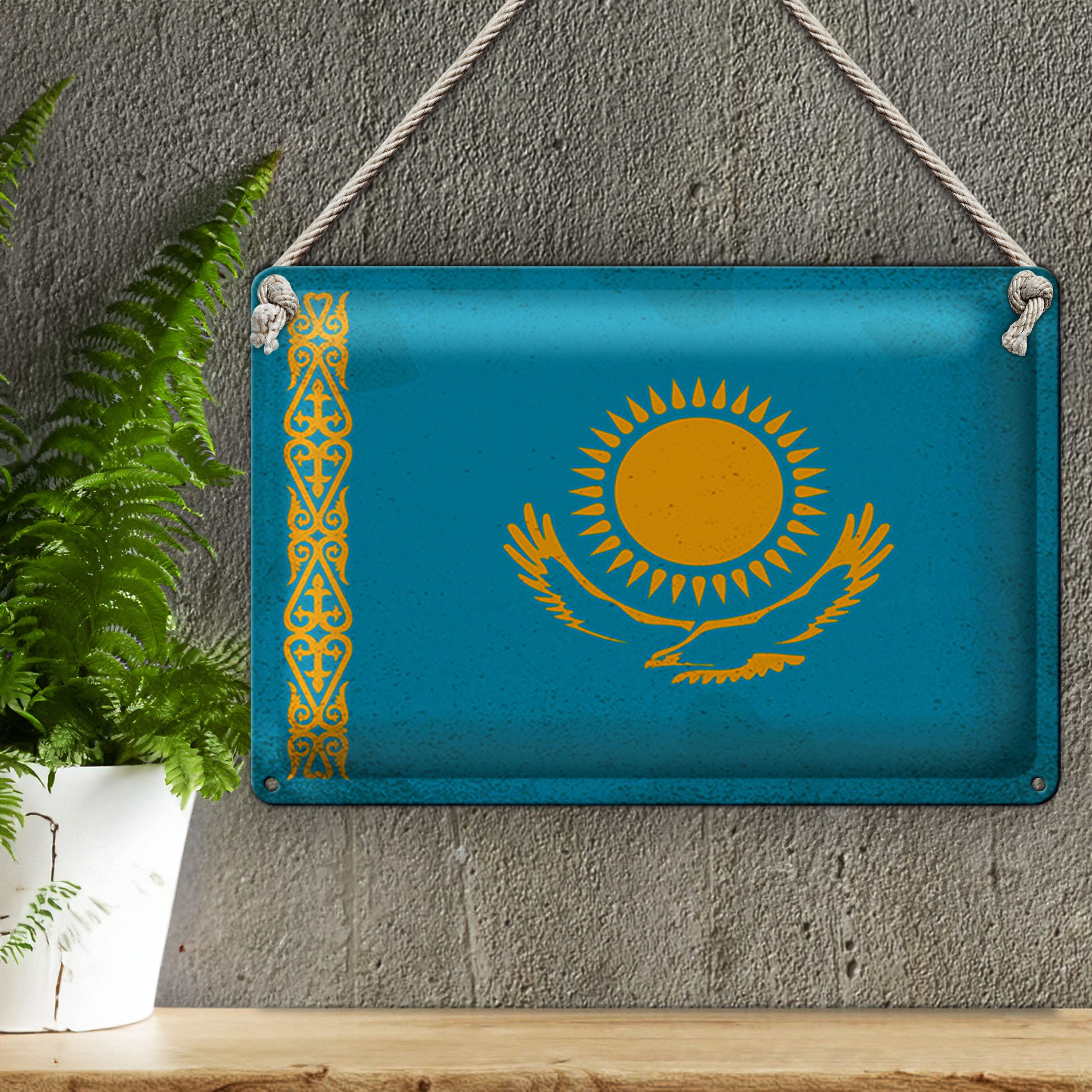 Roomando Metallschild Flagge Kasachstan 18x12cm Kazakhstan Vintage