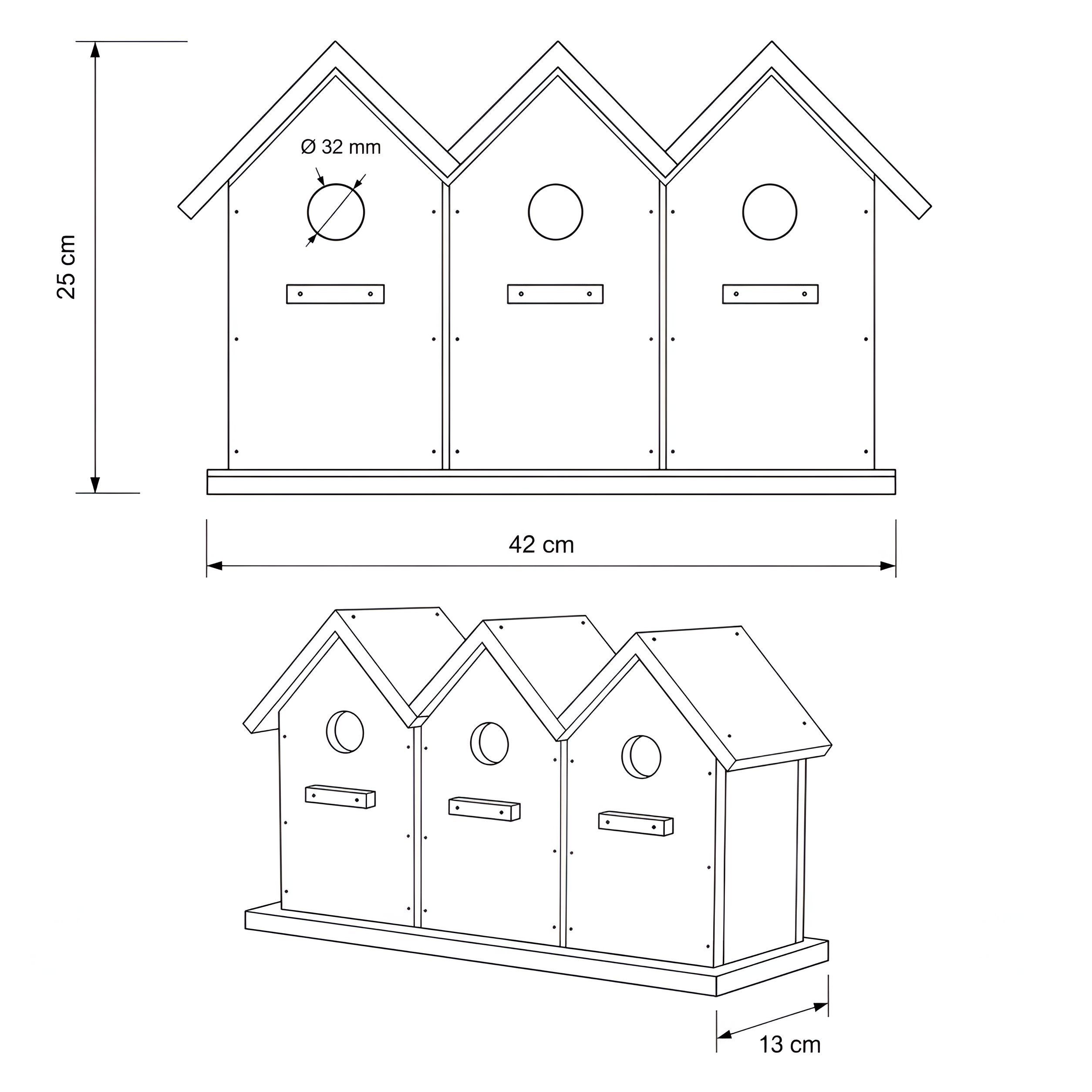 colourliving Vogelhaus Birdy »3er Reihenhaus«, aus Holz, Nistkasten für Meisen & Gartenvögel, 3 separate Kammern, Reinigungsklappen, integrierte Aufhängung