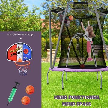 OKWISH Kindertrampolin Gartentrampolin, Ø 147 cm, (belastbar bis 50kg), mit Sicherheitsnetz und Basketballkorb,157x147 cm
