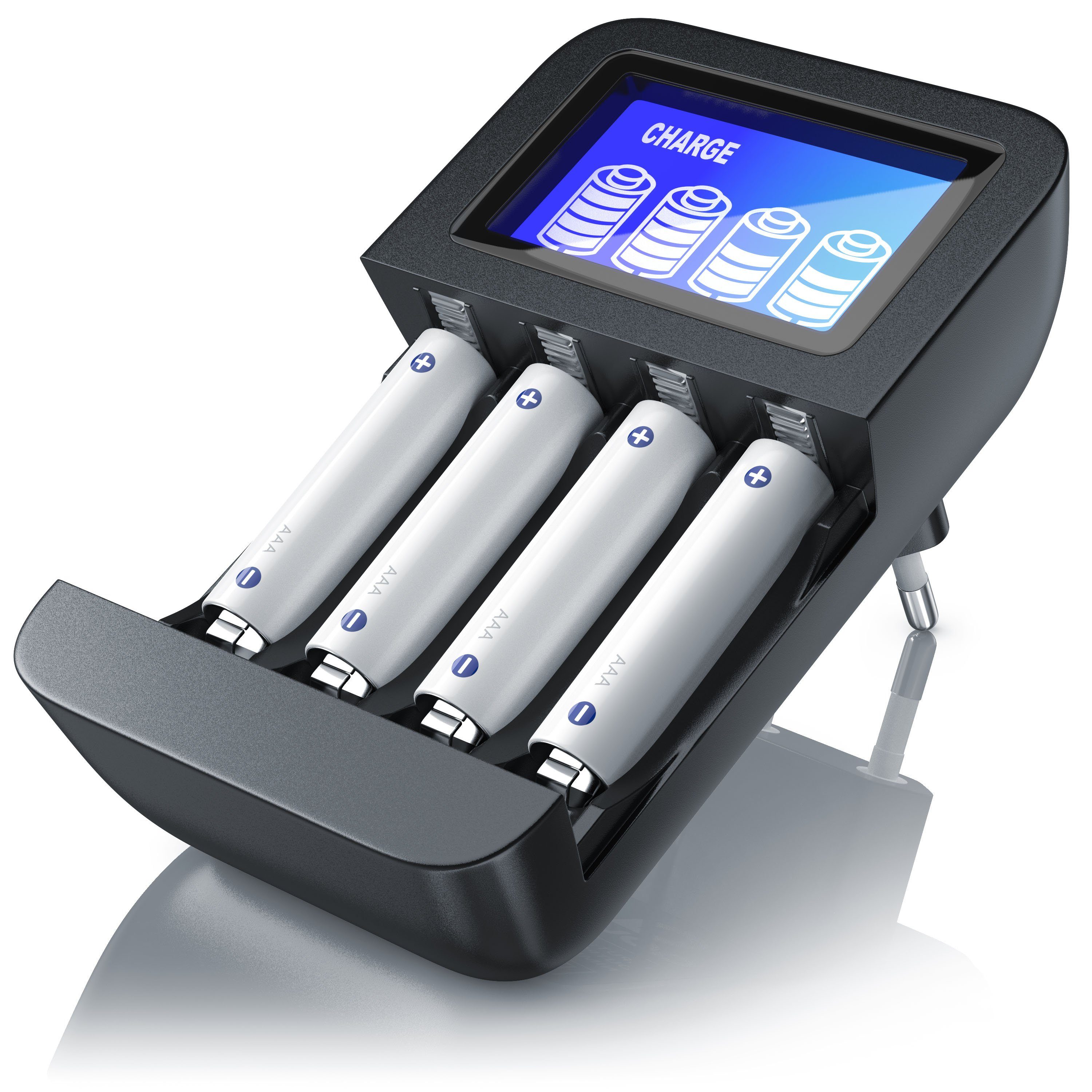Aplic Universal 4-Schacht Akkulader geeignet für Typ AA / AAA NiMH Akkus Batterie-Ladegerät (2700 mA, Mikroprozessorgesteuertes Laden, 4 Akkus, LCD, Batterieladegerät)