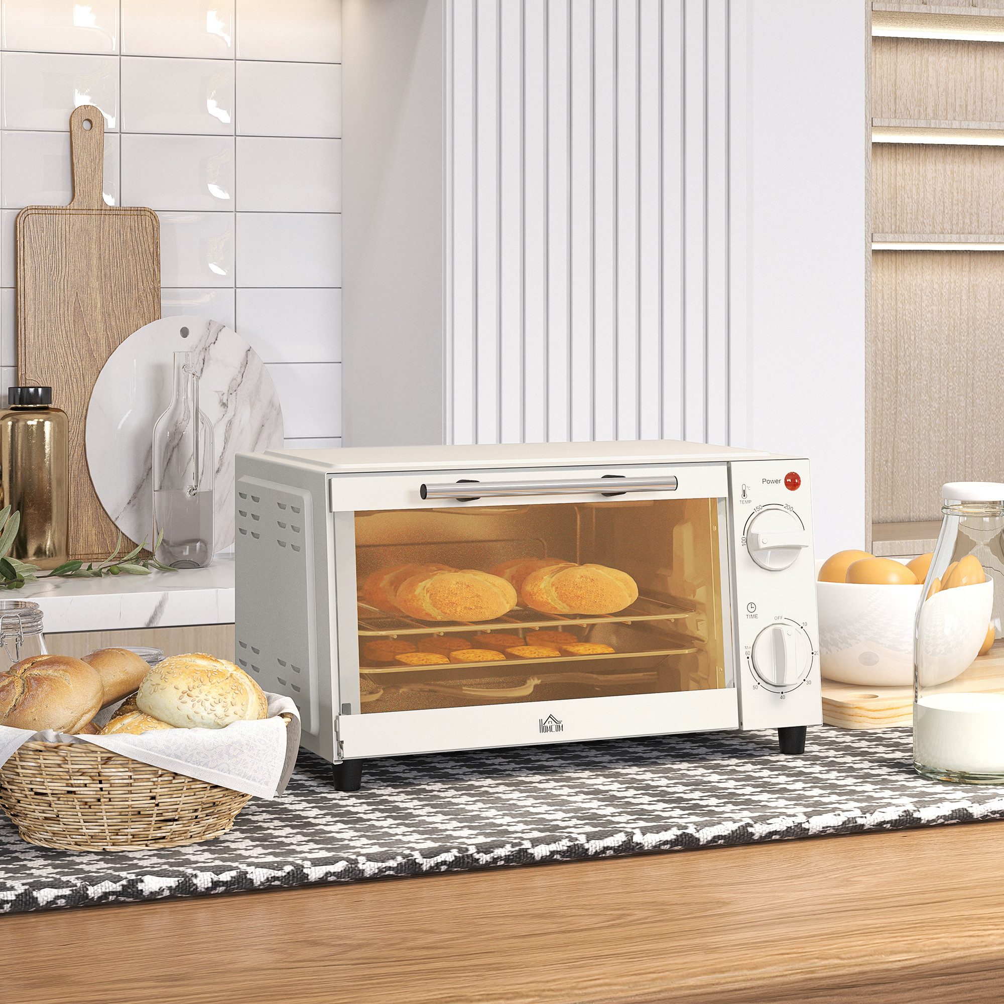 HOMCOM Minibackofen 9 L, 750W, mit Backblech, Grillrost, Temperaturbereich bis 230°C, Timerfunktion, zum Grillen, Backen, Toasten, Edelstahl, Cremeweiß