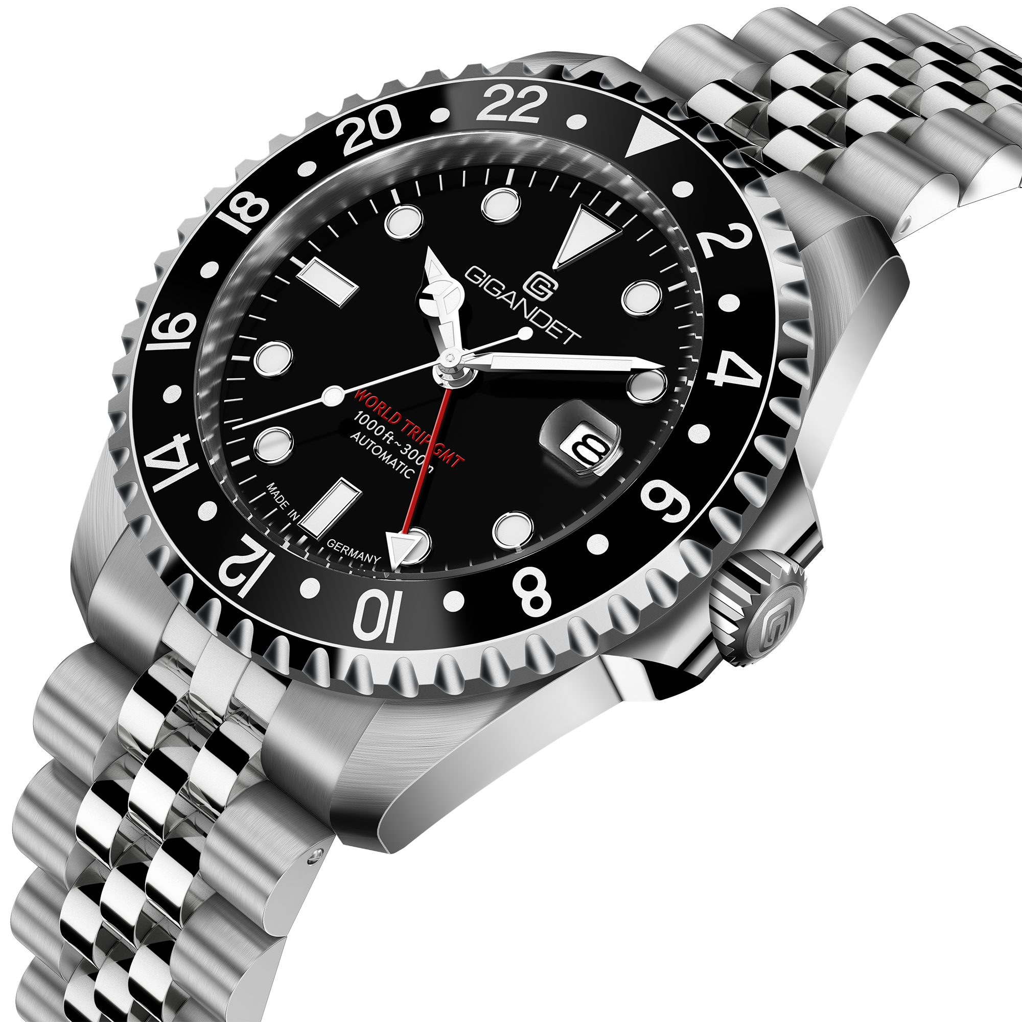 Gigandet Automatikuhr Made in Germany, Saphirglas, WORLD TRIP GMT - G1000-001M, GMT, Swiss SuperLuminova, verschraubtes Band
