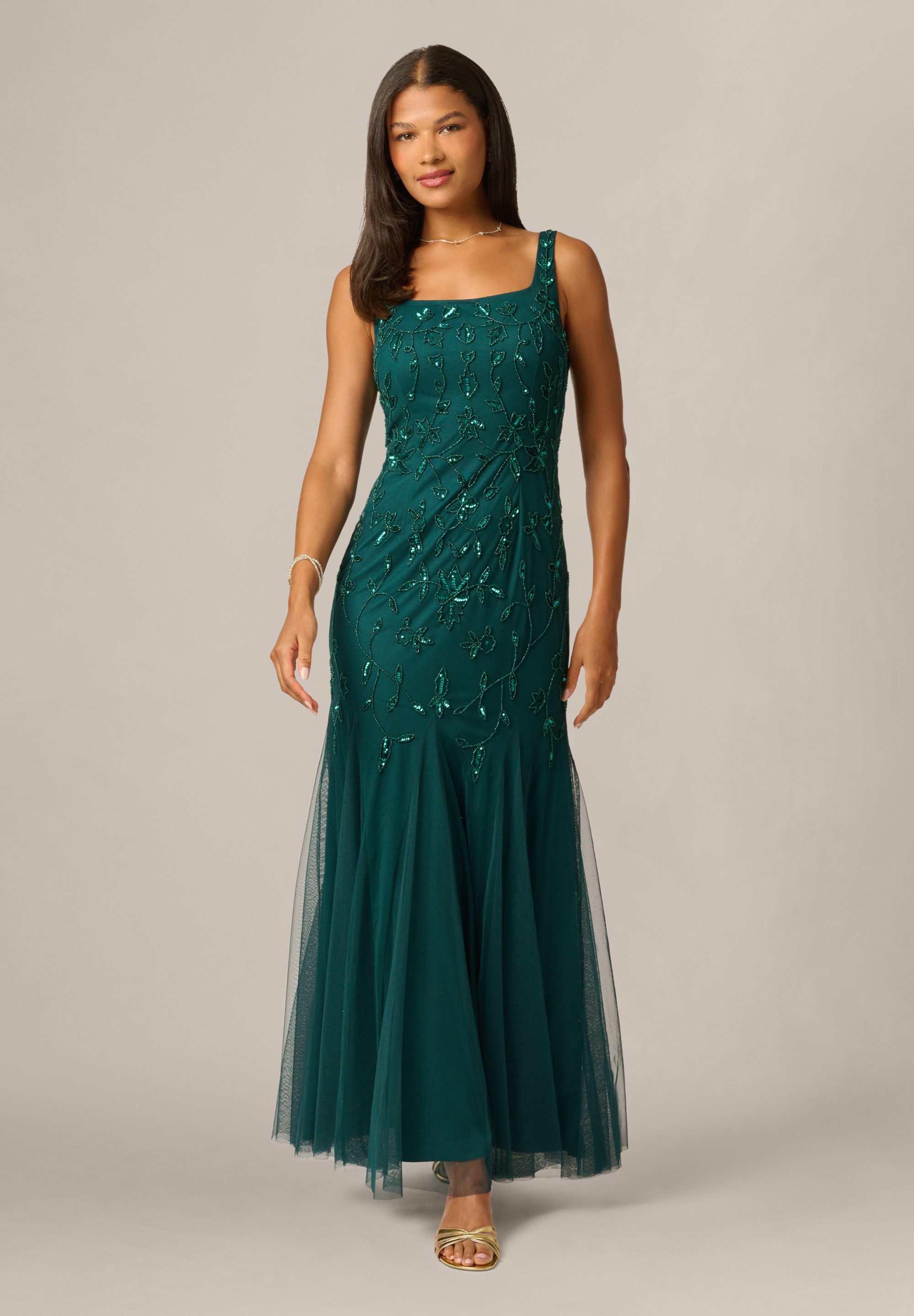 Adrianna Papell Abendkleid Bead Mesh Long Dress Zartes, mit Blumenmotiven besticktes, ärmelloses Abendkleid