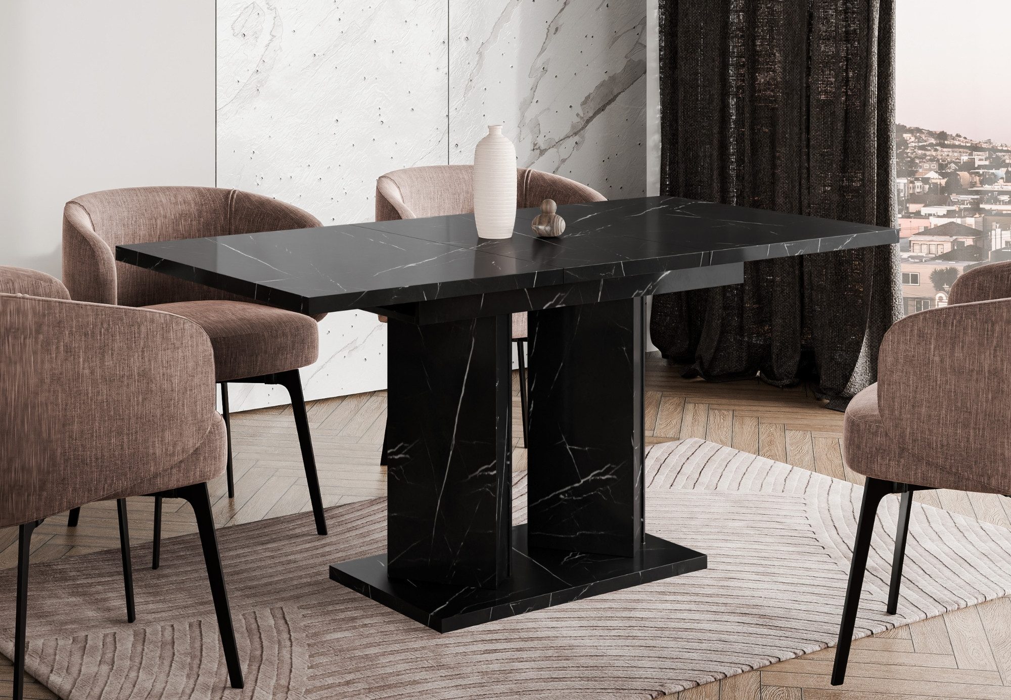 Home Collective Esstisch ausziehbar Tisch Küchentisch Esszimmertisch Ausziehtisch (Esszimmer Küche Wohnzimmer Esstisch erweiterbar), Doppel-Säulengestell 120-160x80 cm Schwarz Marmor-Optik