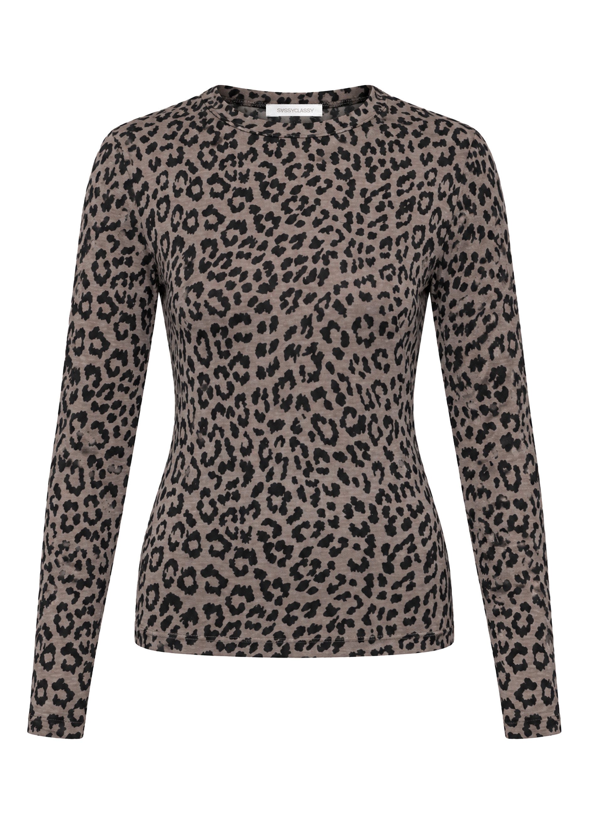 SASSYCLASSY Langarmshirt Rundhalsshirt mit Leo-Print für Damen Körpernah geschnittenes Shirt mit Rundhals und Animalprint in Beige – Bild 2 von 5