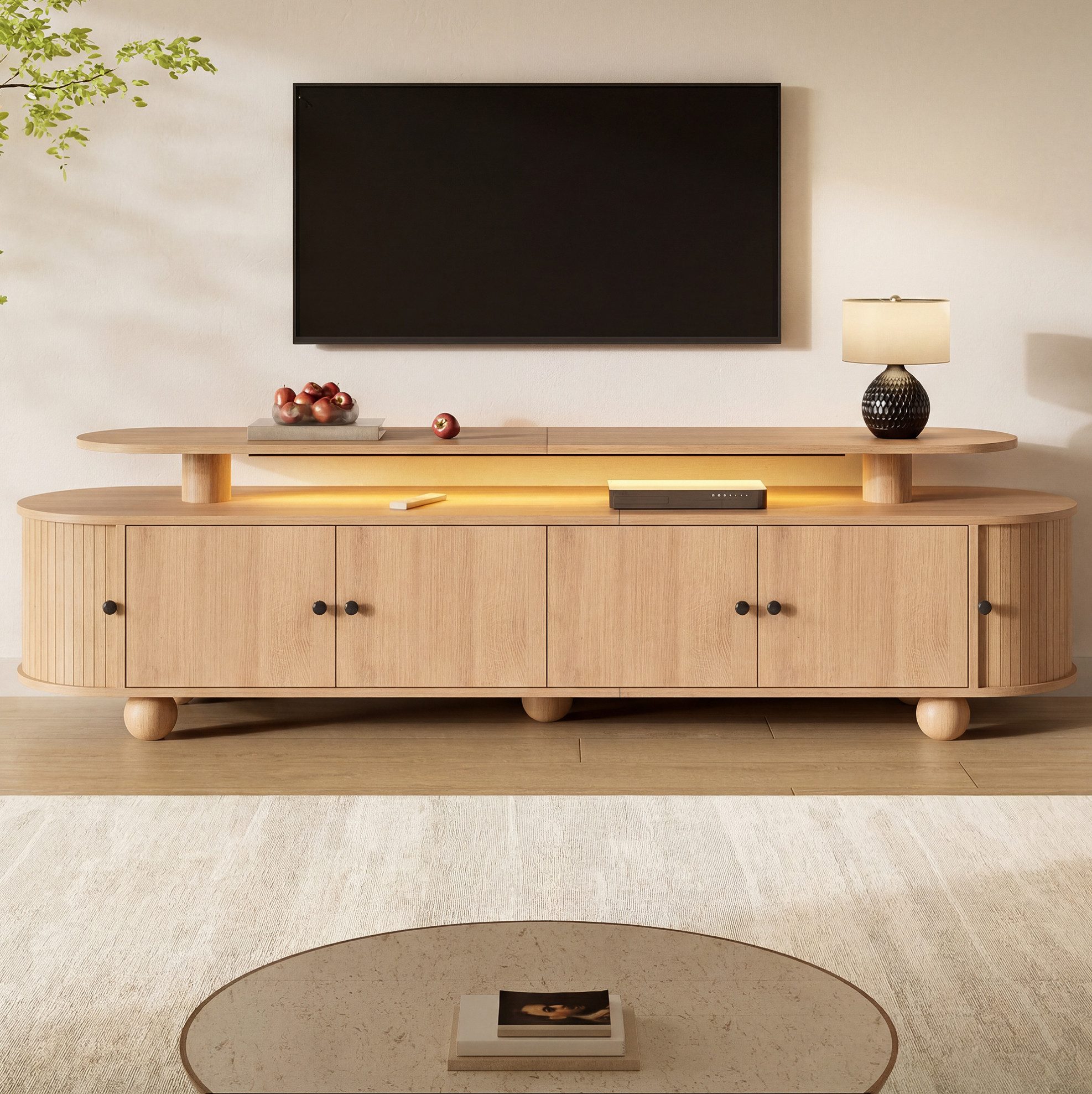 OKWISH TV-Schrank Kompaktes Lowboard mit 4 Türen, Schiebetüren & LED (Packung, 1-St., Natur, 180×40×48 cm, für Wohnzimmer & Esszimmer) MDF, Kugelfüße, Kabeldurchlässe