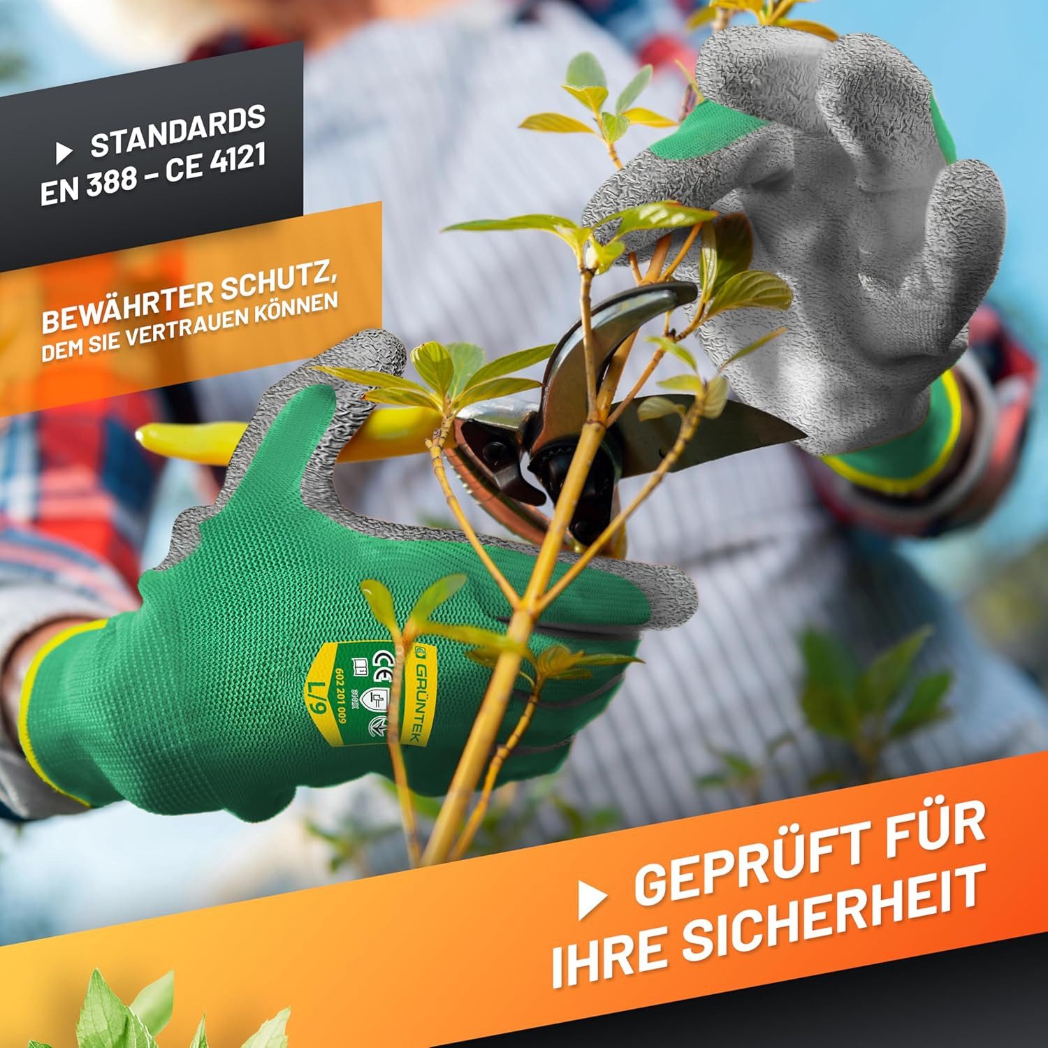 GRÜNTEK Gartenhandschuhe Schutzhandschuhe 5 Paar aus Polyesterfaser mit Latexbeschichtung (Set, 10-St., 5 Paar L/9) geeignet für den privaten und gewerblichen Gebrauch